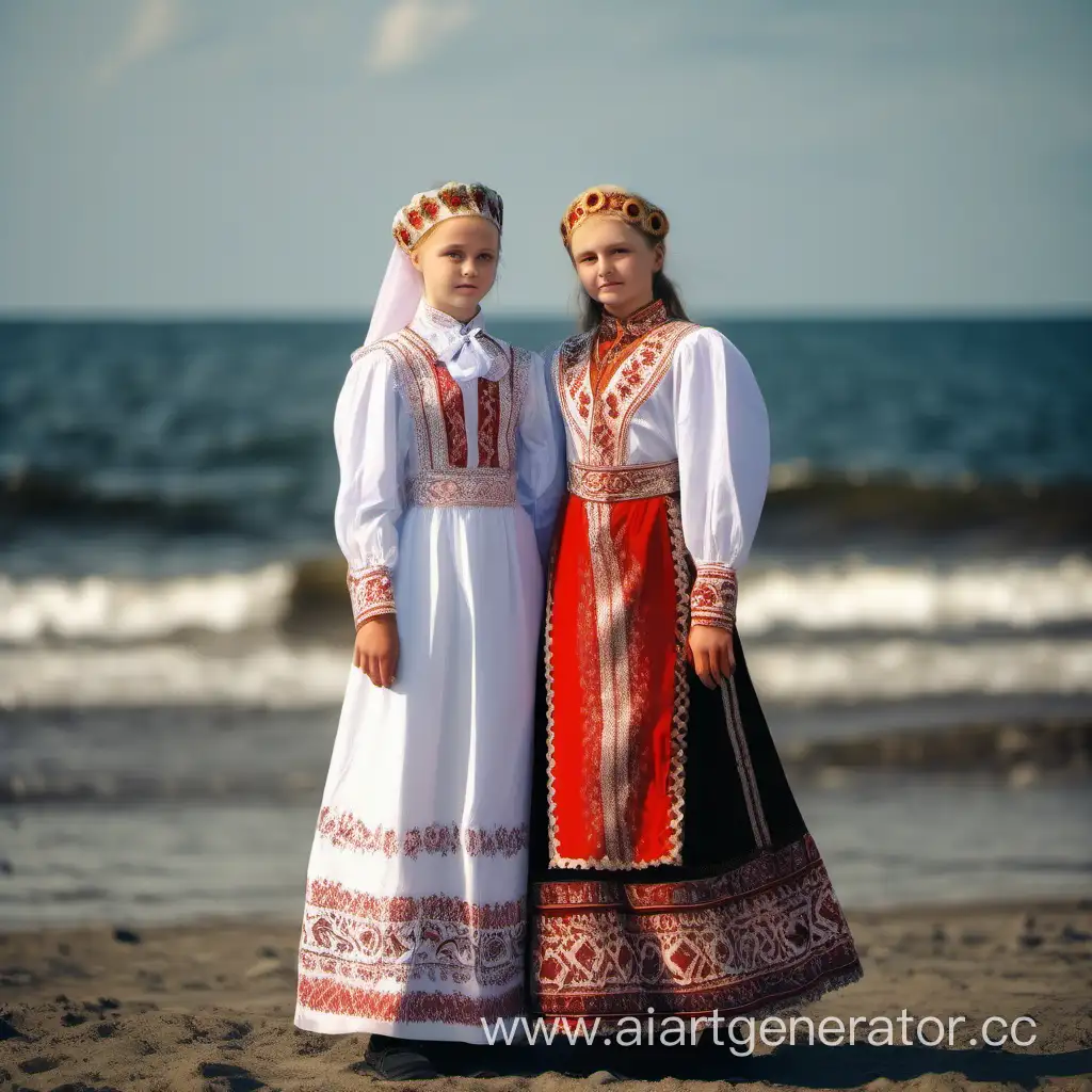 Русская девочка 14 лет в национальном костюме и белорусская девочка 14 лет в национальном костюме стоят вместе и держаться за руки, на фоне океан, максимально реалистично 