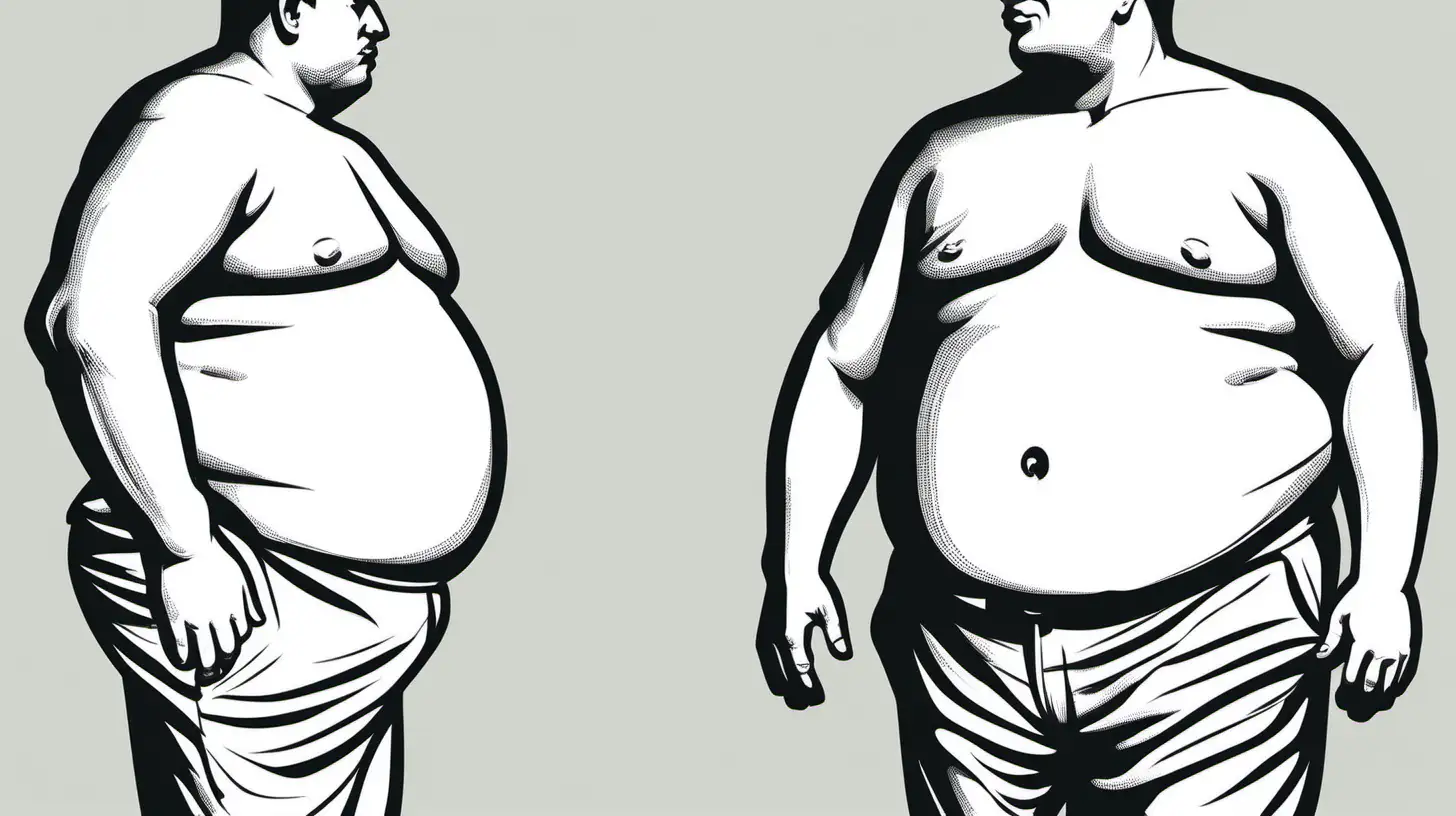 Illustration of Side View Man with Belly Fat in Simple Black and White