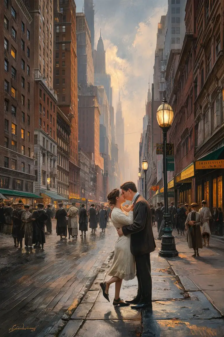 Immerse yourself in the vibrant energy of early 20th-century New York City. Picture a bustling street corner, teeming with life and activity. Capture the essence of urban vitality: towering buildings, flickering streetlights, and a kaleidoscope of people rushing by. Amidst this bustling scene, find a moment of quiet intimacy—a couple lost in their own world amidst the chaos.  Imagine the couple, deeply in love, amidst the throngs of pedestrians. Perhaps they're stealing a fleeting moment together, oblivious to the city's hustle and bustle around them. Is it a stolen kiss shared in the shadows of a towering skyscraper? Or a tender embrace on a crowded sidewalk, their gazes locked in a world of their own?  Consider the interplay of light and shadow, capturing the contrast between the harsh glare of urban street lamps and the softer, intimate glow that envelops the couple. Show the textures of the city—the rough edges of the pavement, the gleaming surfaces of storefronts, the layers of history etched into the architecture.  Through your brushstrokes, transport viewers to a time and place where love blooms amidst the concrete jungle—a timeless moment frozen in the bustling heart of New York City.