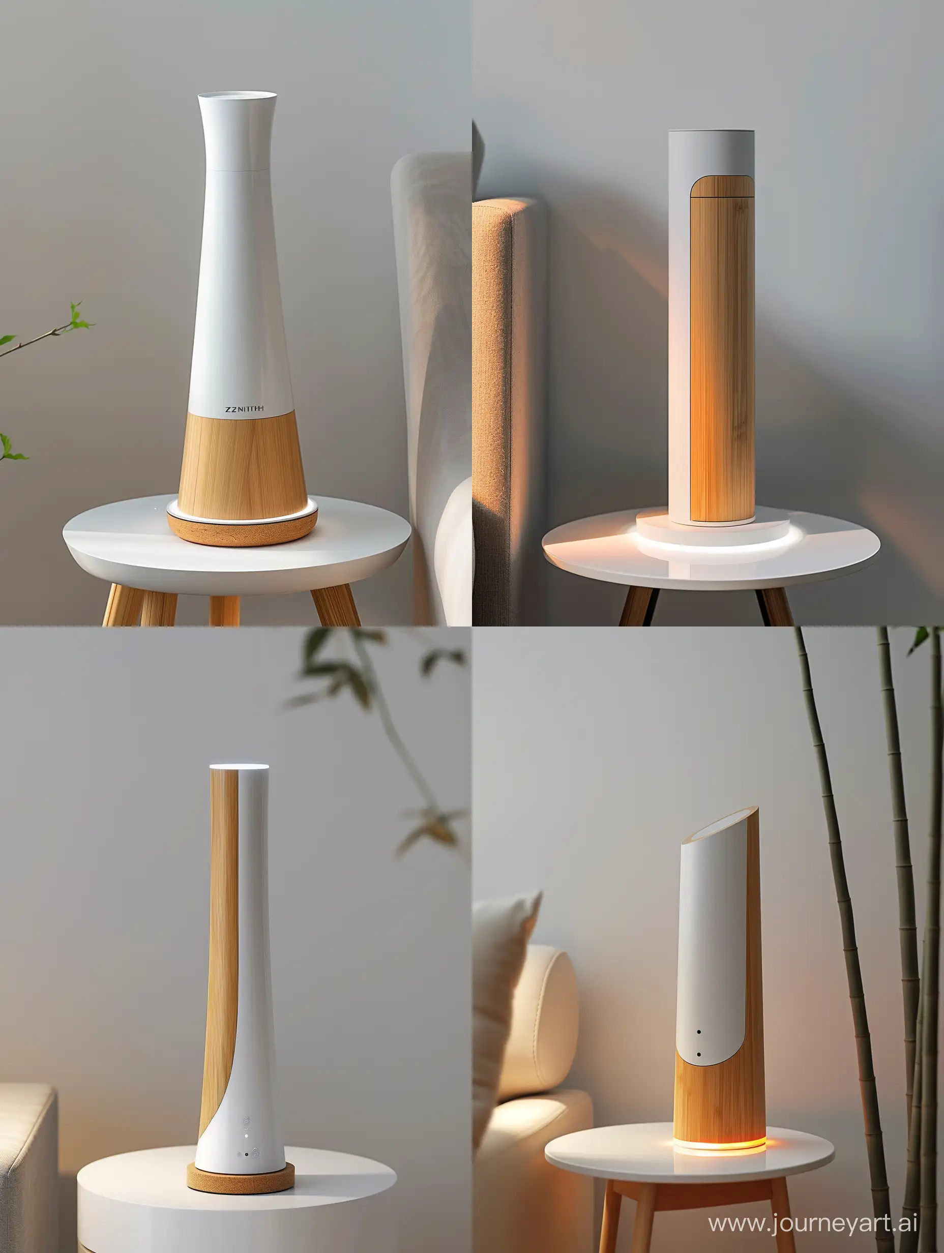 Visualize the Zenith Energy Gateway inspired of zen bamboo form  as a pinnacle of smart home energy management, blending modern design with environmental consciousness. This device embodies minimalism with its sleek, vertical silhouette, slightly tapered at the top for a subtle dynamic edge. Standing 30 cm tall with an 8 cm circular base diameter, its base is crafted from sustainable bamboo, offering a warm, natural aesthetic that speaks to eco-friendliness. The body, made from recycled plastics, shines in a pristine white or soft light gray, designed to complement any smart home decor with its understated elegance.The Zenith Energy Gateway features discreet, soft LED lighting at its base and edges, providing ambient illumination and notifications in a sophisticated manner. This lighting enhances the device's futuristic appeal, creating a visual connection between the device and its smart home environment.Designed to be both a functional energy management hub and a statement piece of technology, the Gateway stands on a minimalist side table or is mounted on a clean, white wall, integrating seamlessly into the smart home aesthetic. Its form factor and material choice symbolize a commitment to sustainability, innovation, and design excellence, aiming to resonate with modern homeowners who prioritize eco-conscious living without compromising on style.The image should capture the essence of the Zenith Energy Gateway in a contemporary setting, highlighting its role as an elegant, technologically advanced, and environmentally friendly addition to the smart home.product design style