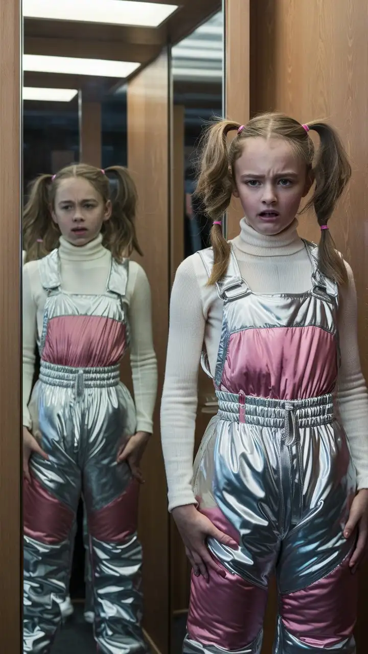 A teenage Swedish woman wearing shiny silver ski bibs with pink sections and a thin white turtleneck. The ski bibs are thick and insulated and have a satiny sheen. The ski bibs have a tightly cinched matching belt.

She is in a dressing room with a full length mirror. She is getting ready to go outside in the cold weather. She is not wearing makeup.

Her hair is in high pigtails. She is impatient or annoyed.