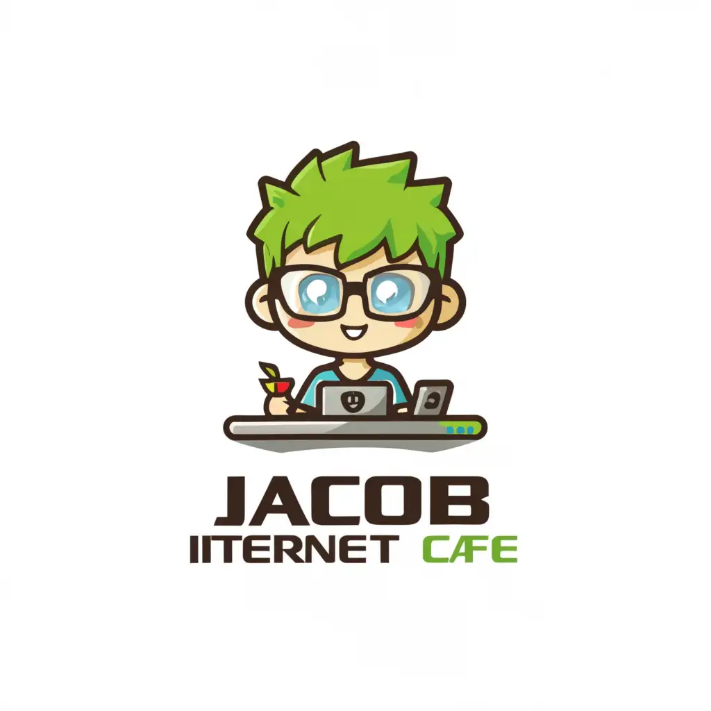 a logo design,with the text "Jacob Internet Cafe", main symbol:chibi character playing computer,Moderate,clear background