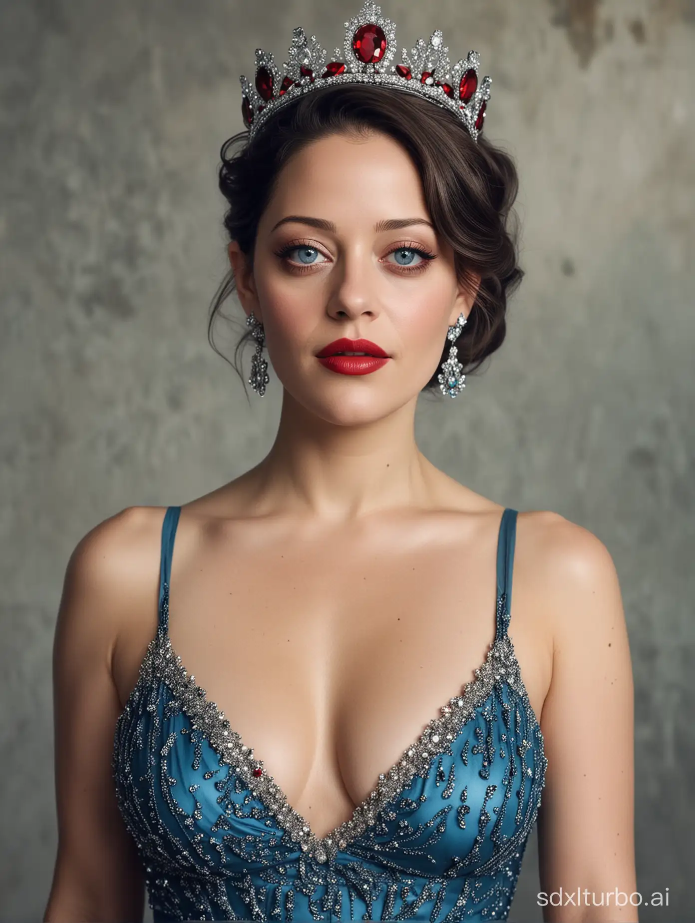 Marion Cotillard，plump，((full body,back view))，huge breast, red lips，blue eyes，focus on eyes，upper body，with a red Diamond crown on her head and a blue dress on her body，back view， by Jessica Durrant