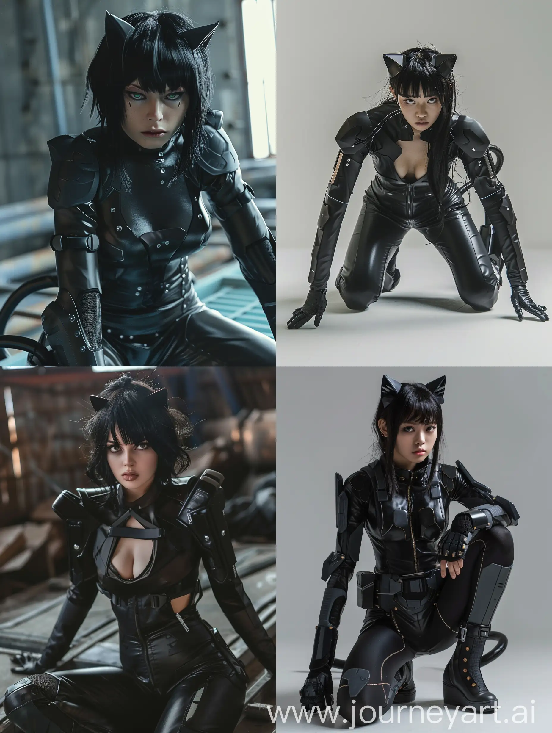 style attractive  girl character wearing tight cat suit with minimal futuristic pieces of armor Inspired by the female lead in ghost in the shell attractive dynamic pose Dynamic camera angle