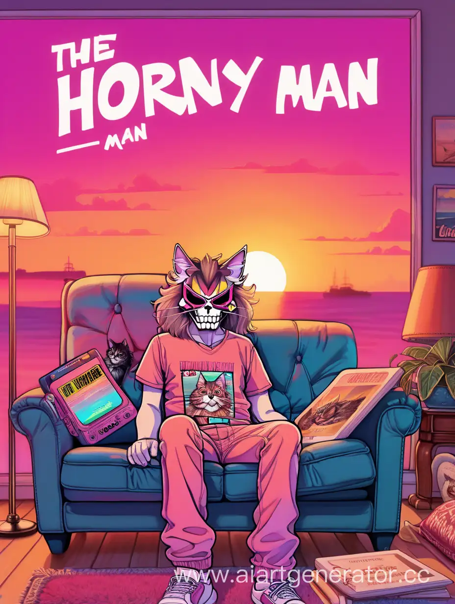Человек в ретро-глючной маске черепа на диване и рядом табличка с надписью "The_horny_man", а на заднем плане - закатное солнце из ретровейва ,а под ногами кошка мейн-кун рыжего цвета меха.