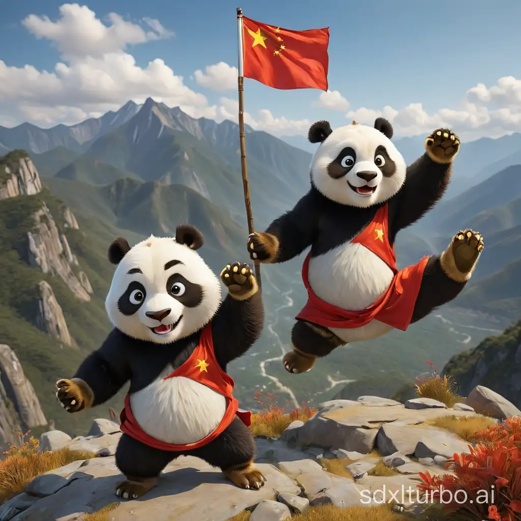 Kung Fu pandas defeated tigers and stood on the mountaintop wearing the Chinese national flag, raising their arms to demonstrate their victory.