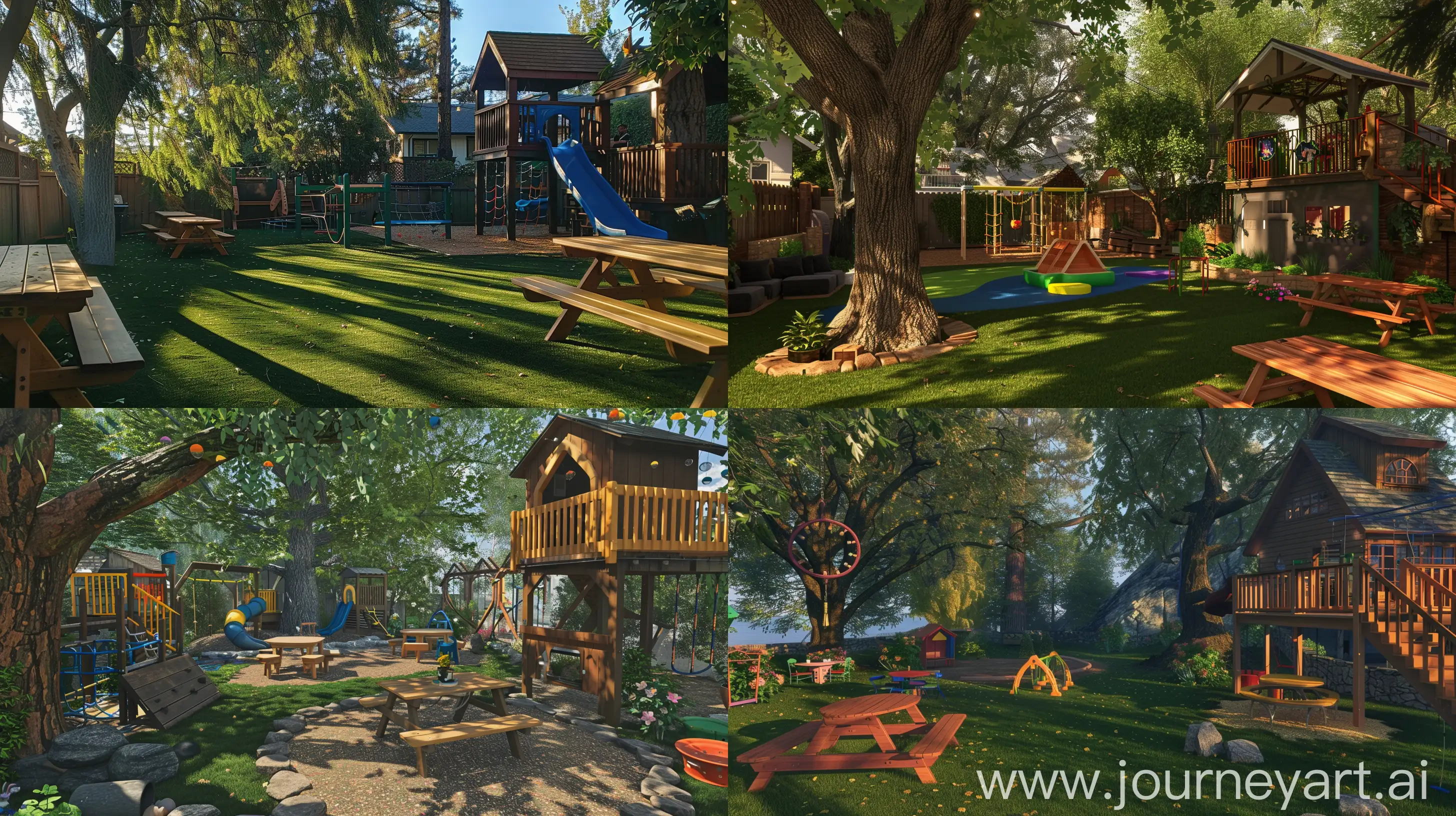 Joyful-Family-Retreat-Backyard-Playground-Oasis-with-Picnic-Tables-and-Treehouse