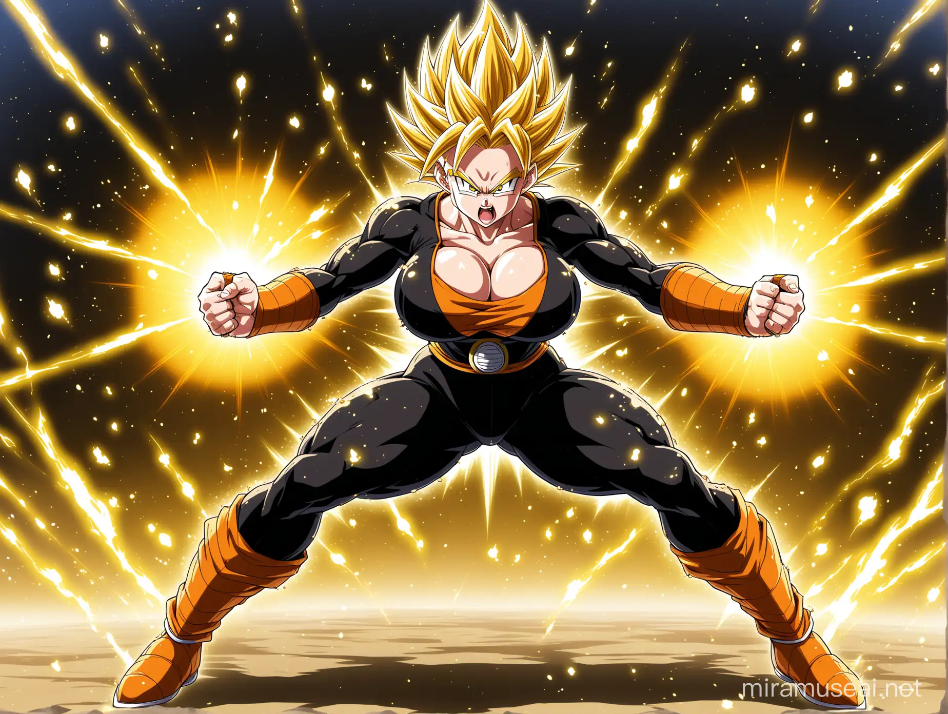 a female saiyan, black suit with red edges, angry, Gold hair, yellow power aura, power particles, dragon ball z, full body, huge breasts, strong legs.
