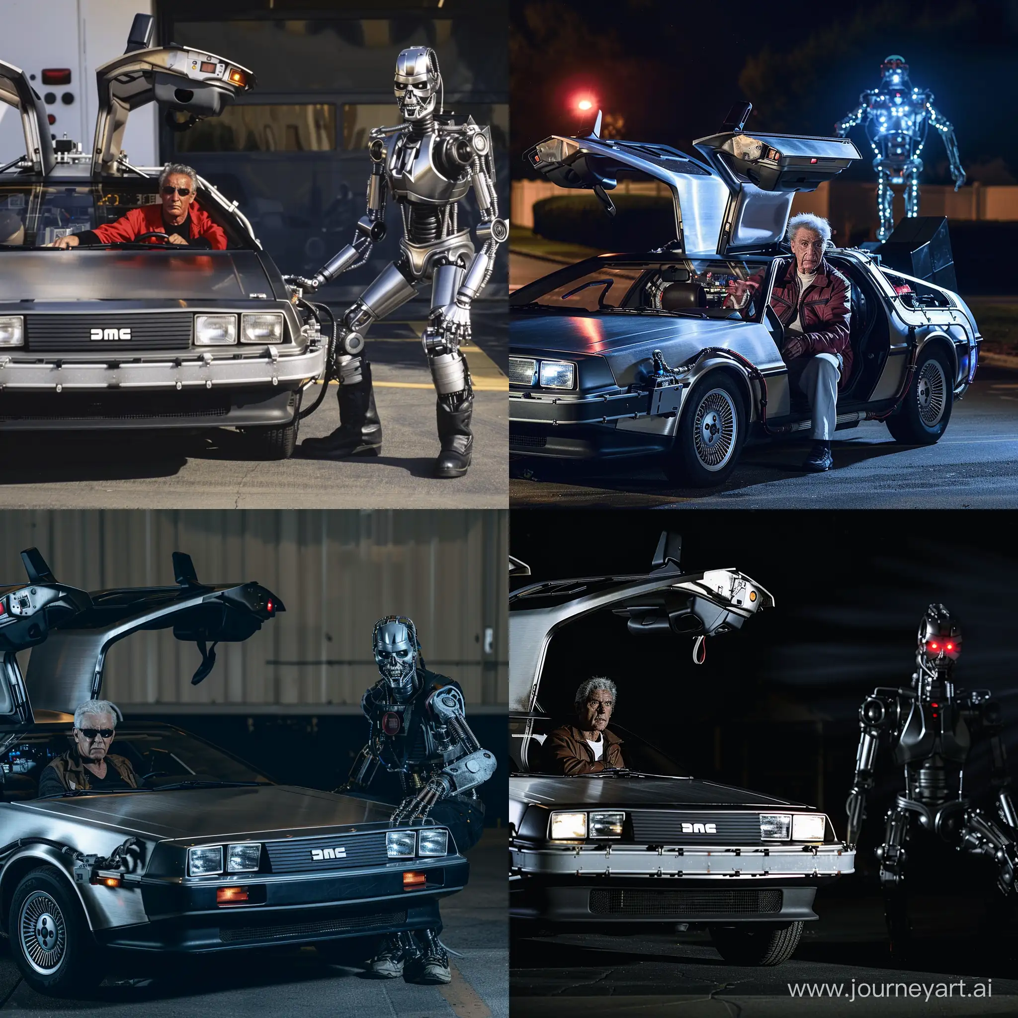 Doc brown sitting in the DeLorean time machine Infront of the t-800, scary, movie scene