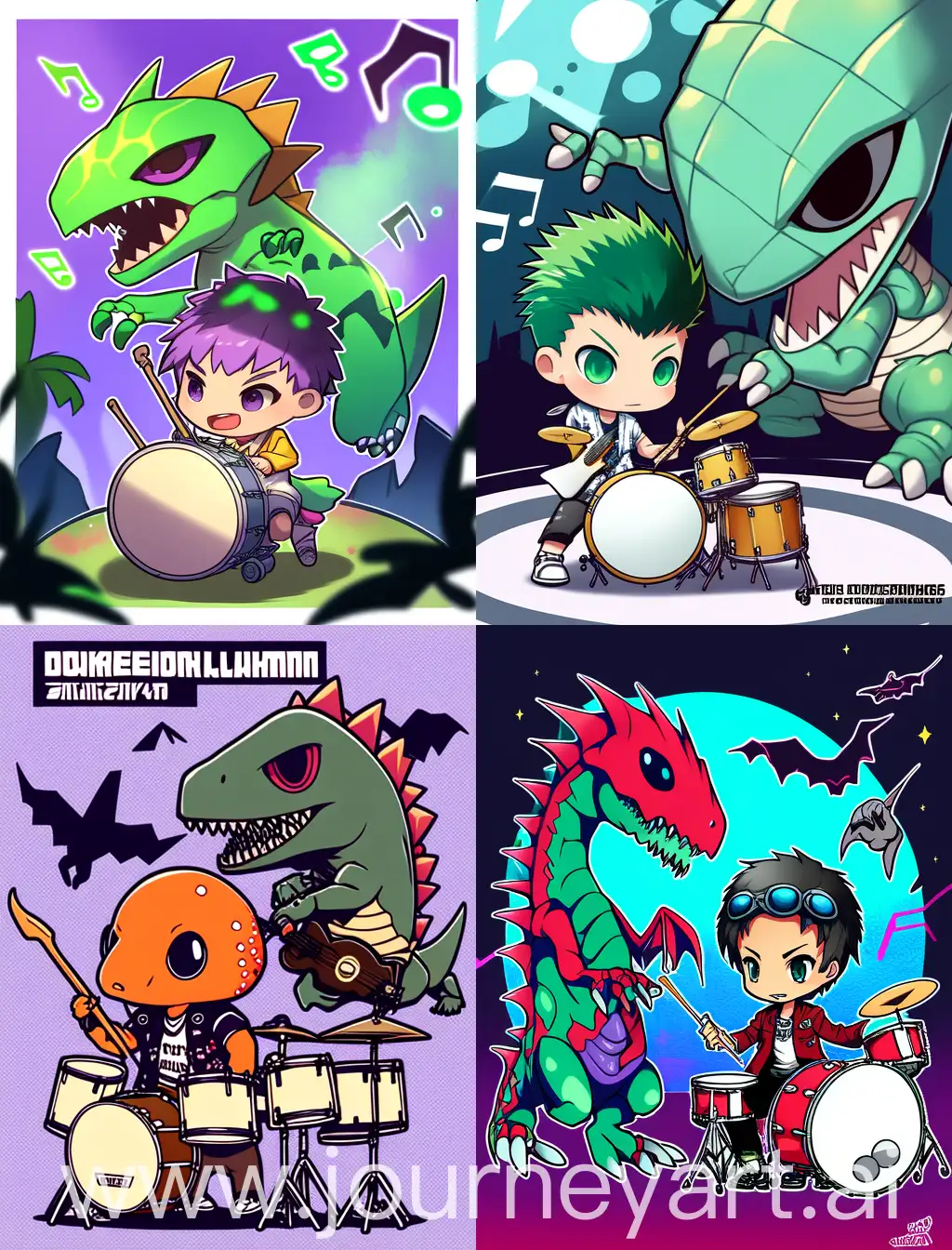 chibi dinosaur and anime guy playing drums, with spooky background, 