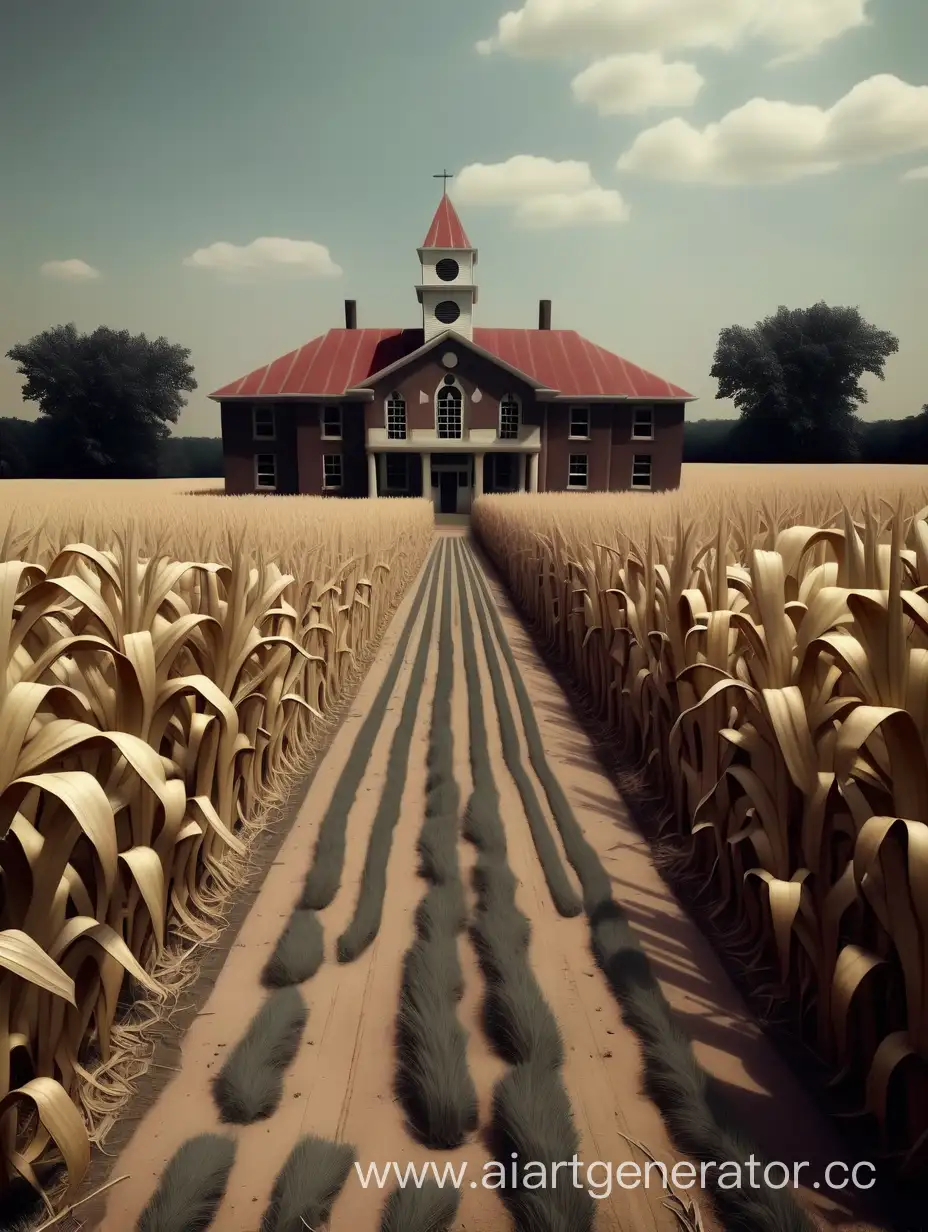 Жуткая школа посреди кукурузного большого поля