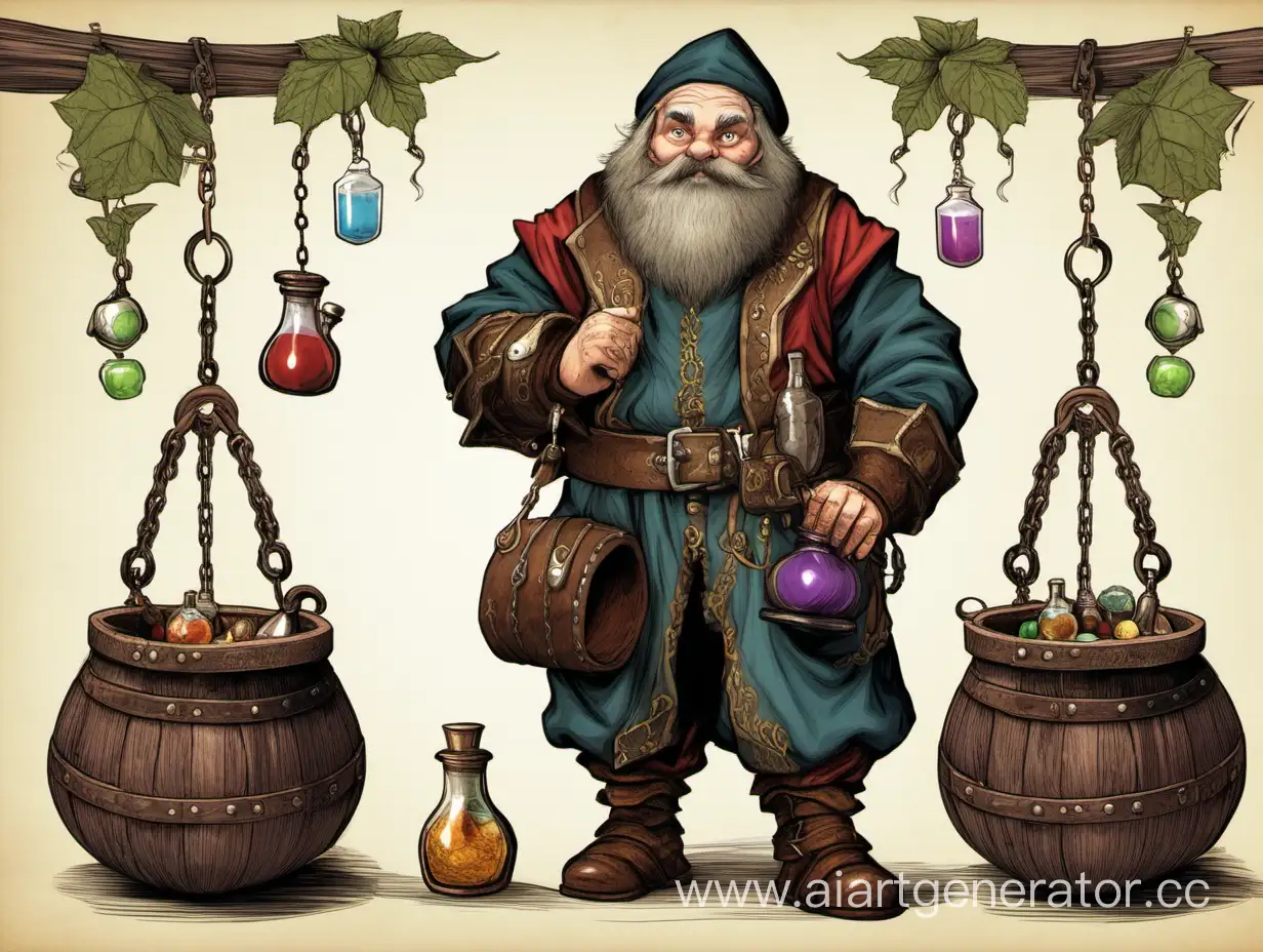 A dwarf dressed as a medieval merchant and with potions hanging from his belt