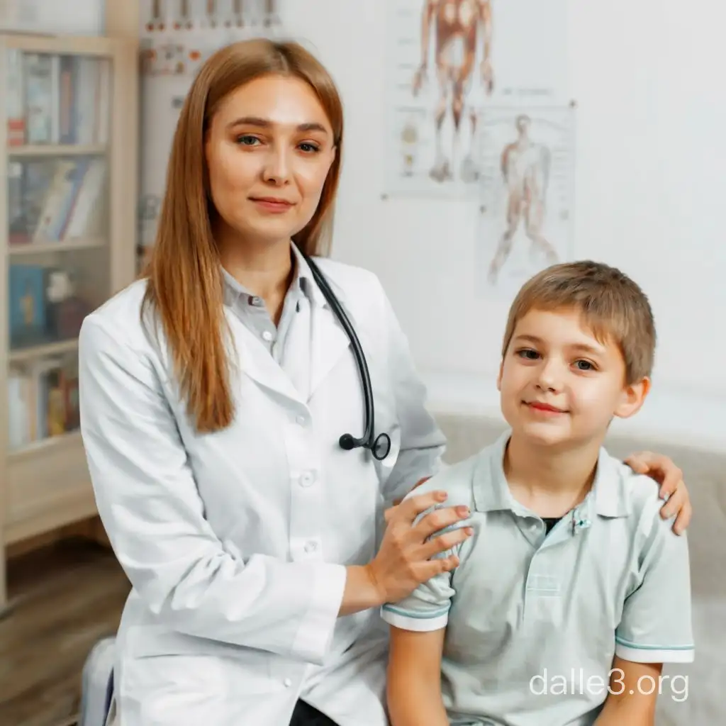 a boy 10-12 years old, a doctor's office, a 40-45 year old woman in a white coat, smiles on her face, Russians