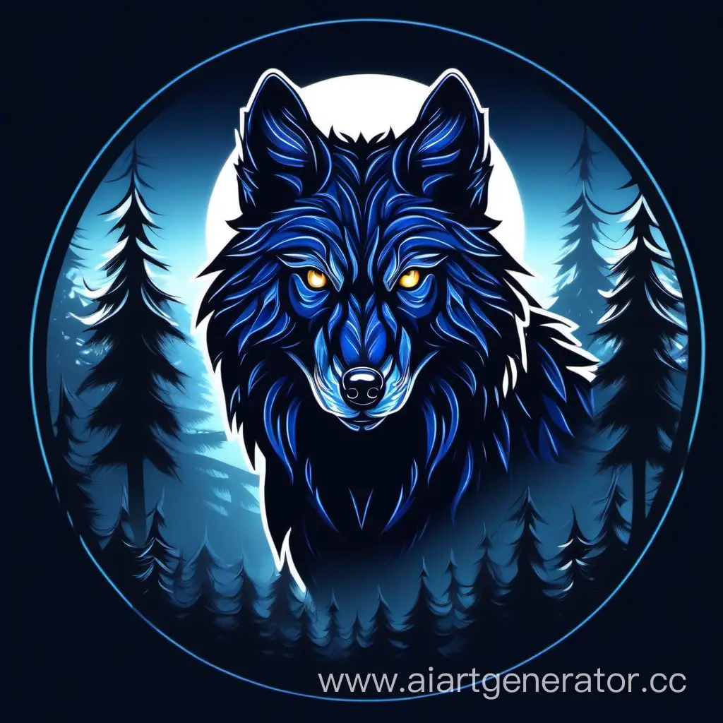 Агрессивный волк в тёмно-синих цветах на фоне тёмного чёрного леса на аватар профиля