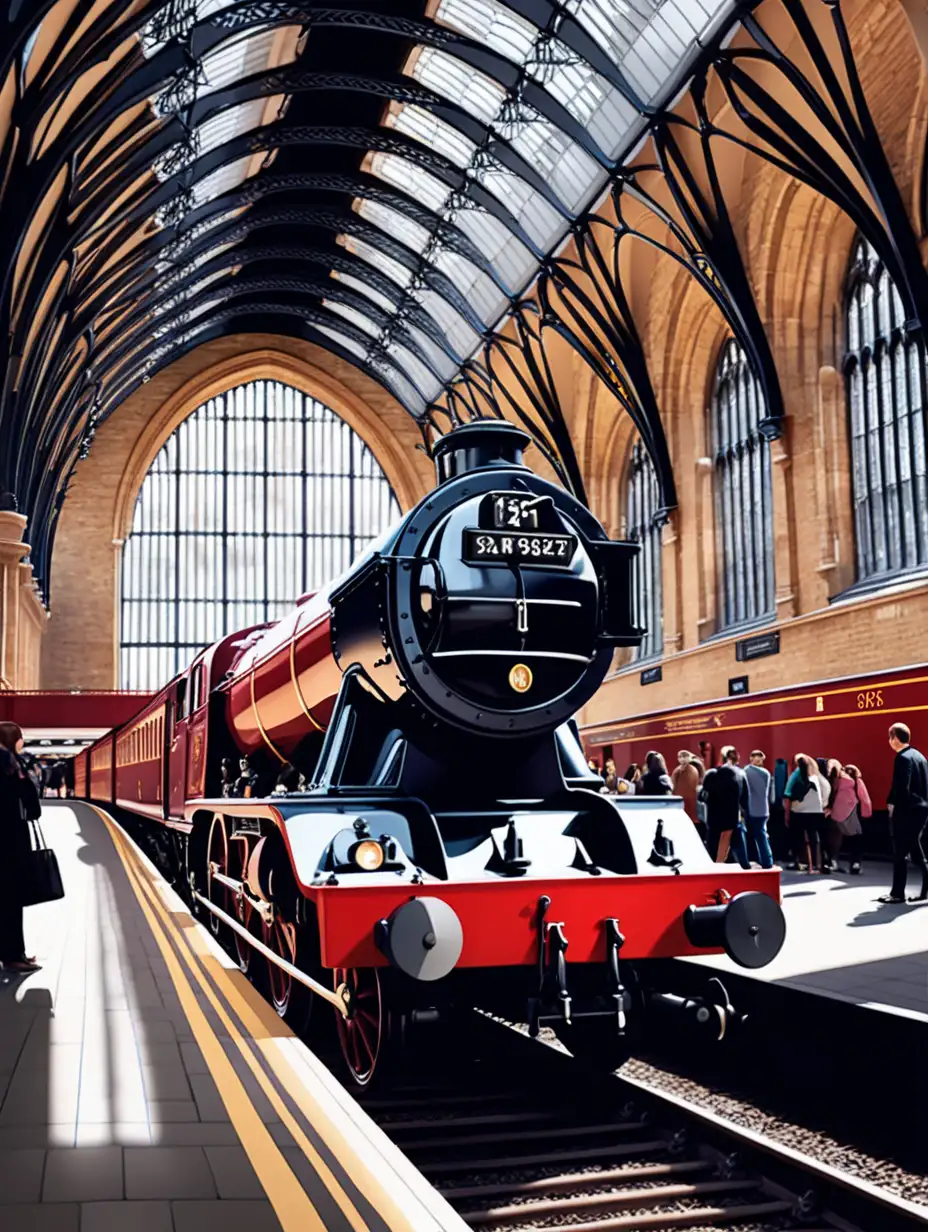 The view of the Hogwarts Express in Kings Cross Station, vector style