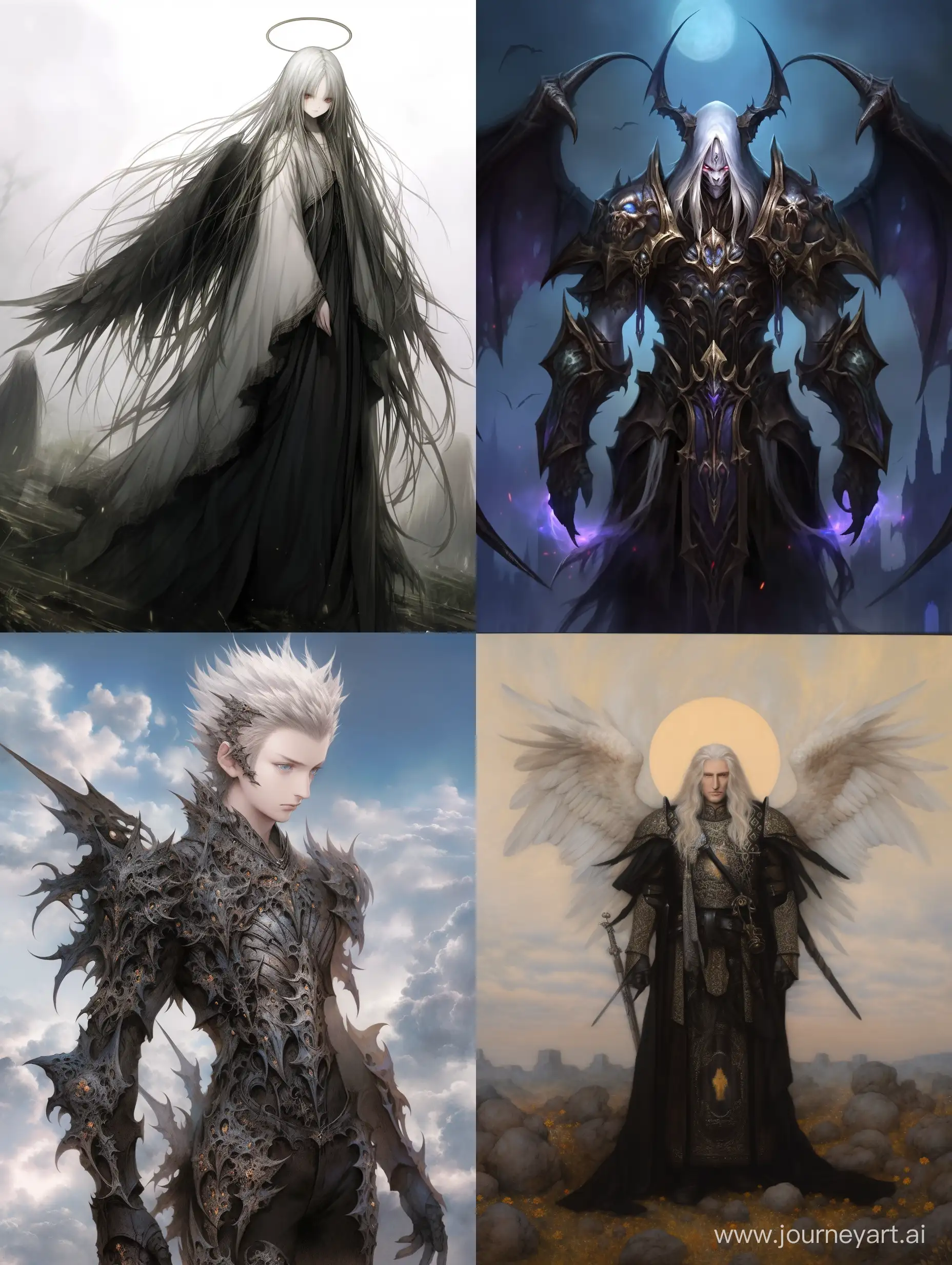 expressive man dark angel with large black wings, standing in front of a sky background with white and blue hues, the angel has white hair and is wearing a armor-like outfit, the wings are spread out and there are black paint drips trailing from them, --niji 5 --chaos 15