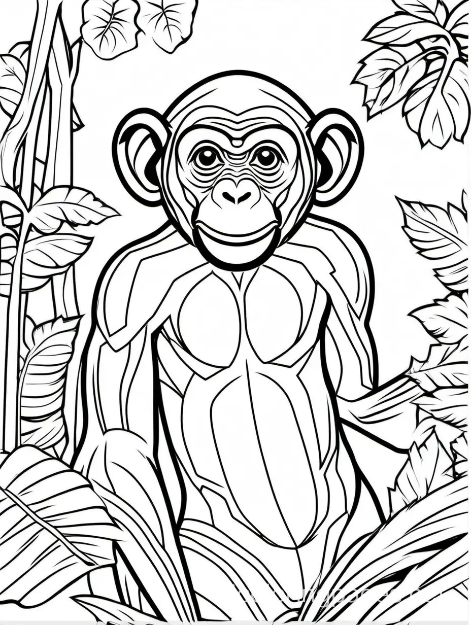 chimpanzee, Coloring Page, black and white, line art, white background, Simplicity, Ample White Space. The background of the coloring page is plain white to make it easy for young children to color within the lines. The outlines of all the subjects are easy to distinguish, making it simple for kids to color without too much difficulty