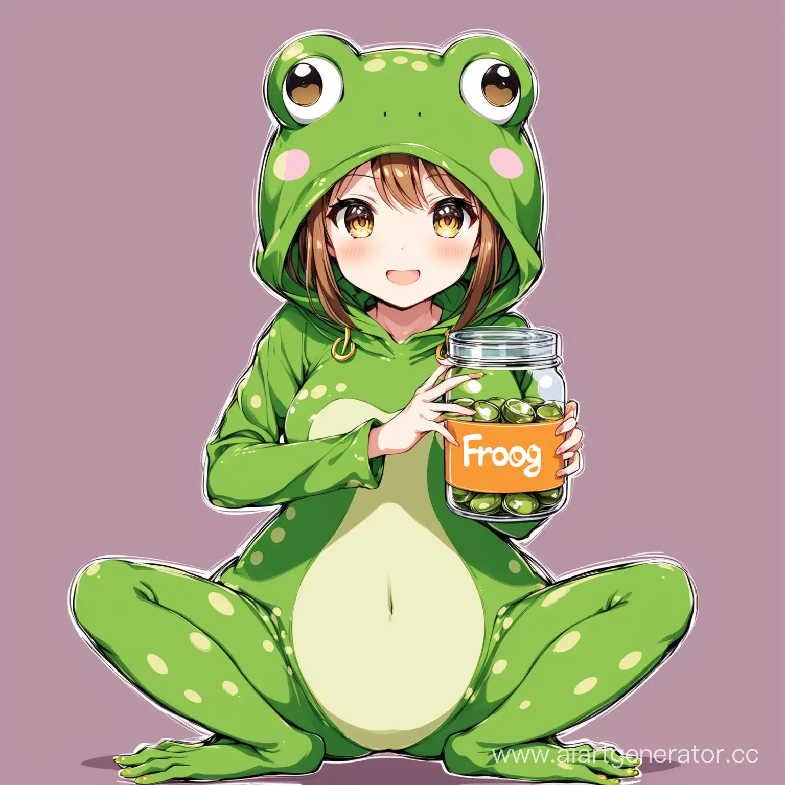 аниме девочка в костюме лягушки с банкой пожертвований 
