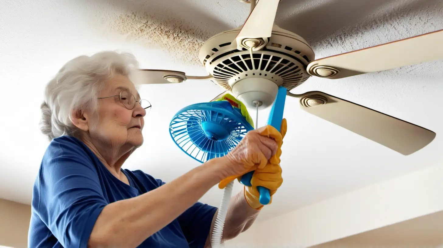 Grandma wearing blue top Cleaning the dusty white ceiling fan. make the image close up