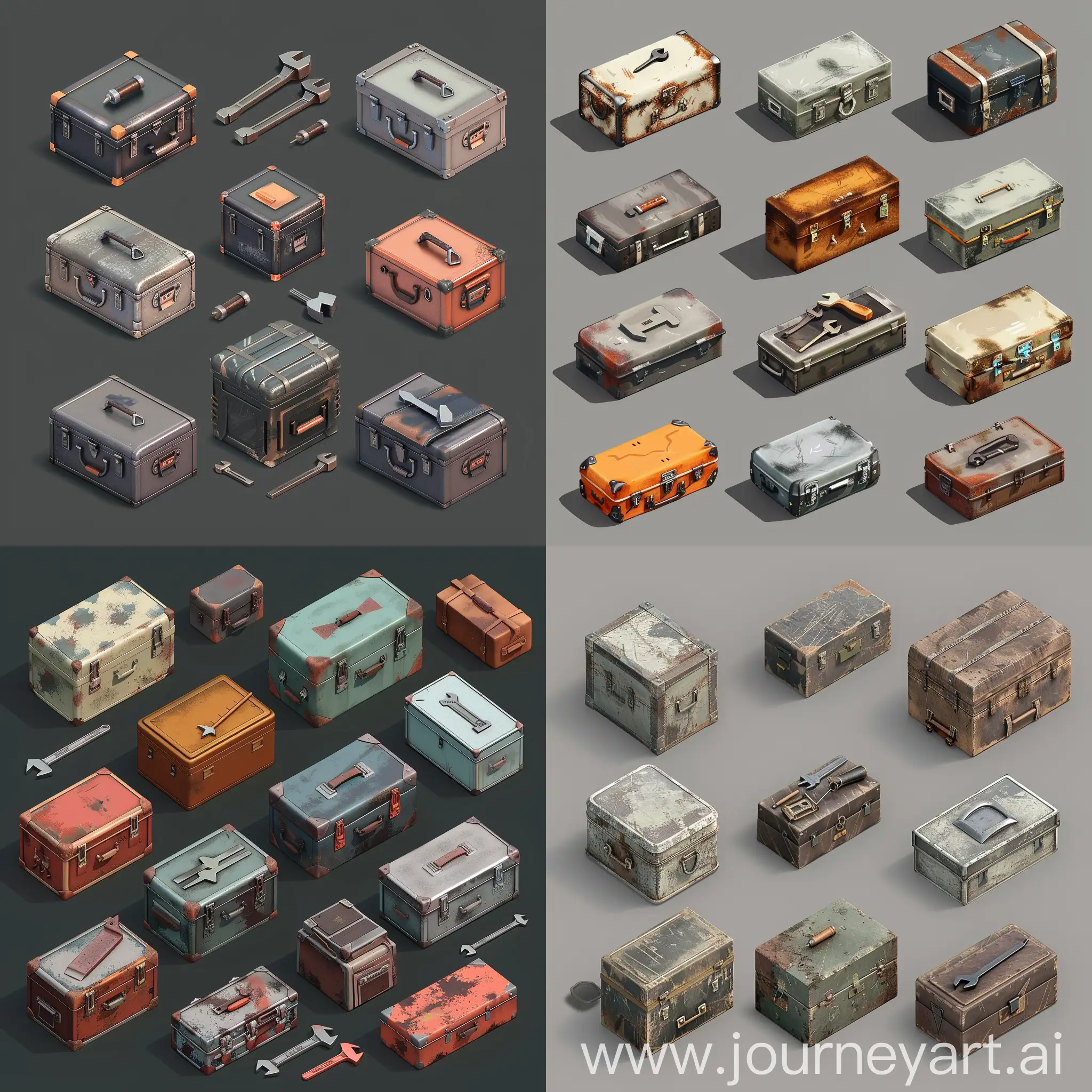 realistic photo of isometric set of old worn repair tool kit instruments simple metal boxes in style of made in blender 3d asset, isemetric set, orthographic projection