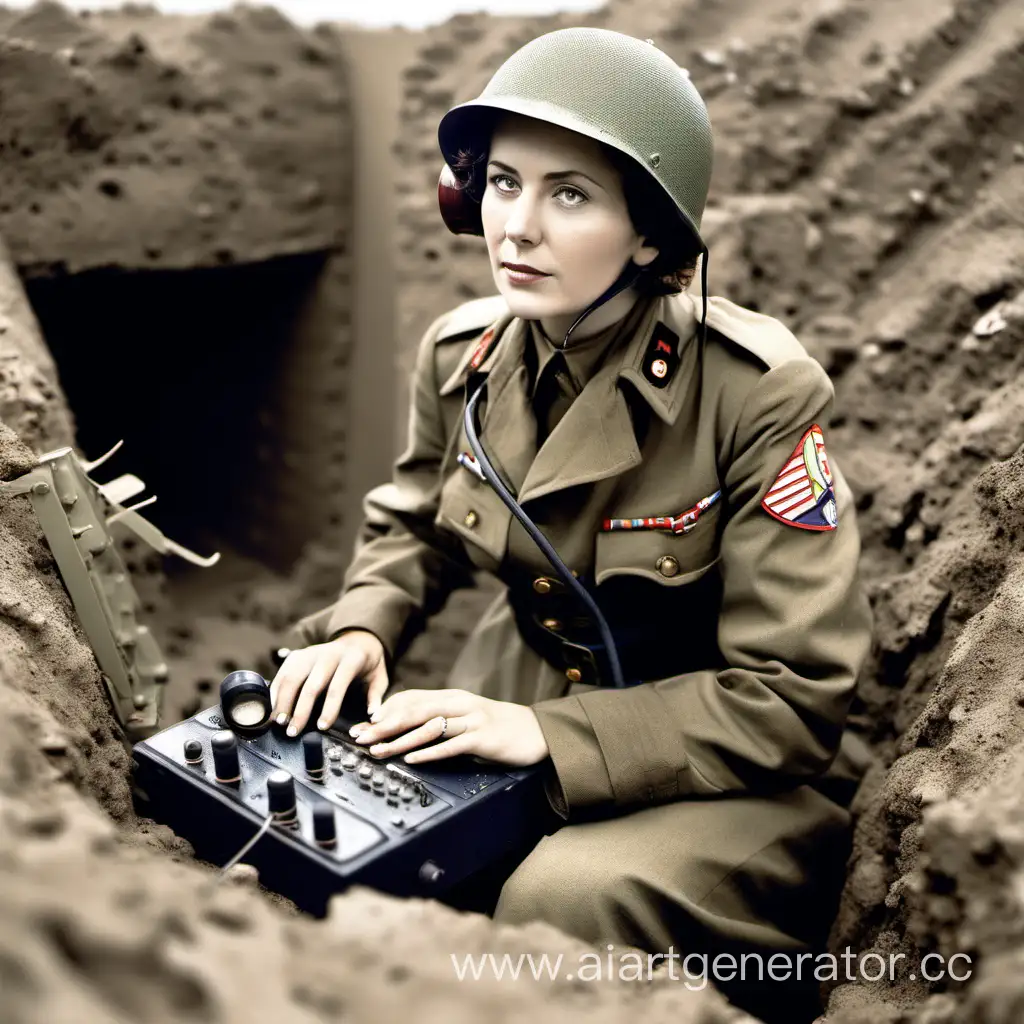 Женщина с радиостанцией в военной форме в окопе