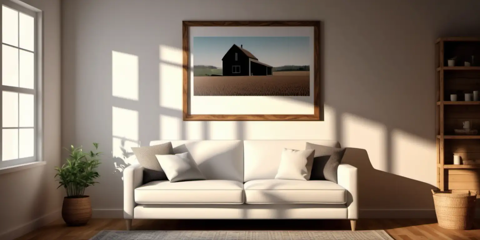 Farmhouse Style Cozy Living Room with Blank Wooden Poster Frame