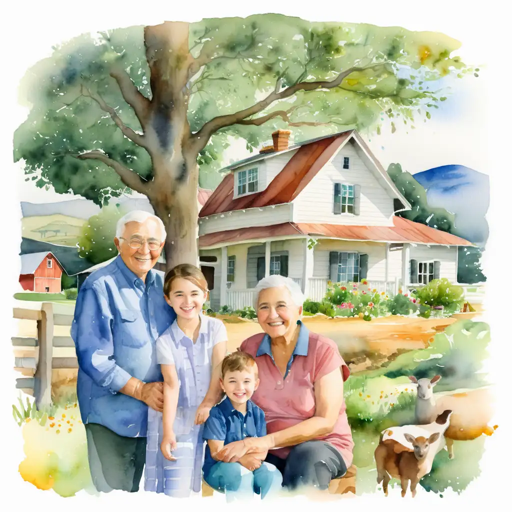 watercolor of  grandparents and boy and girl infront of a farm house