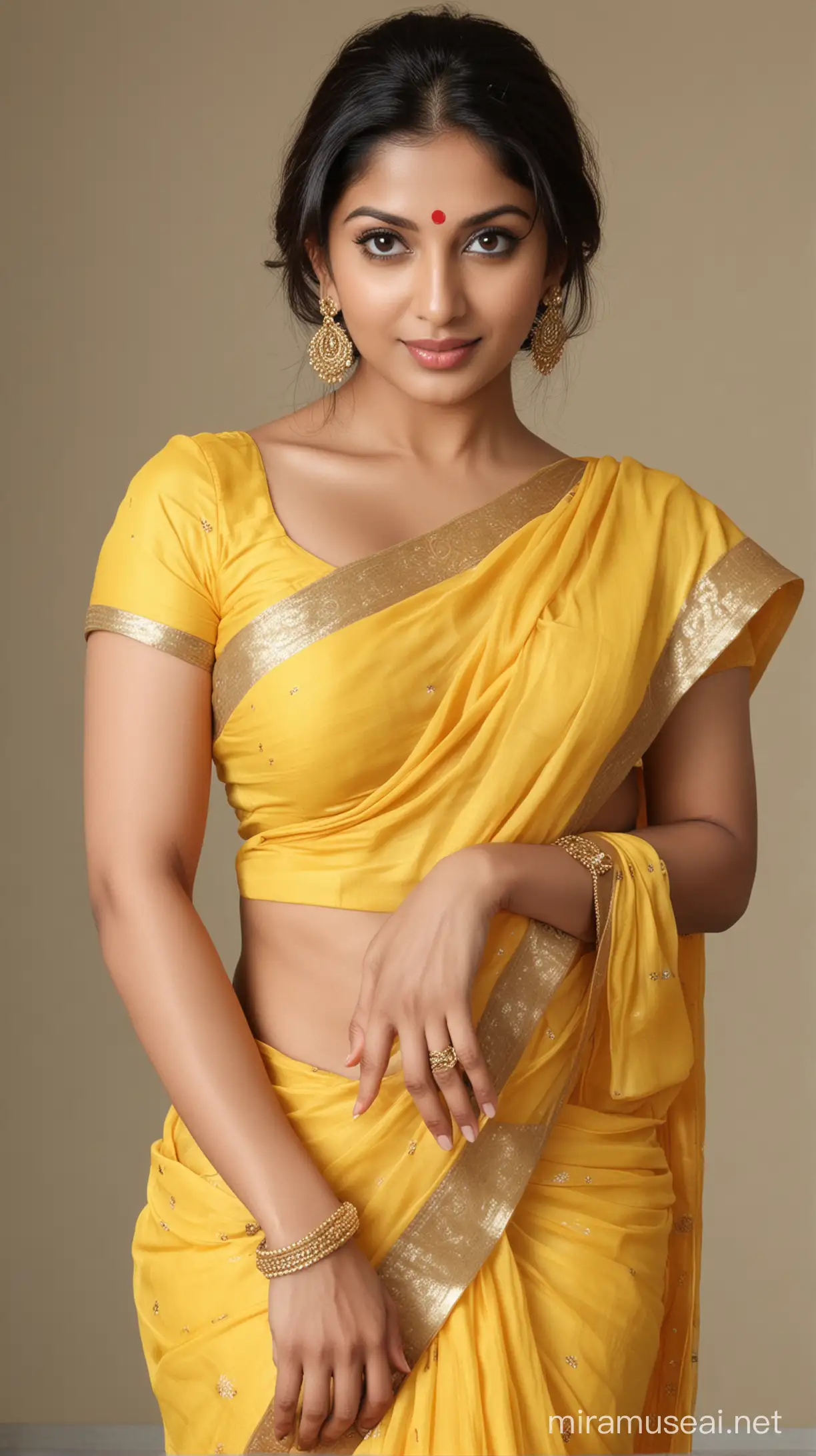 Hot Indian lady in yellow saree and blouse 
