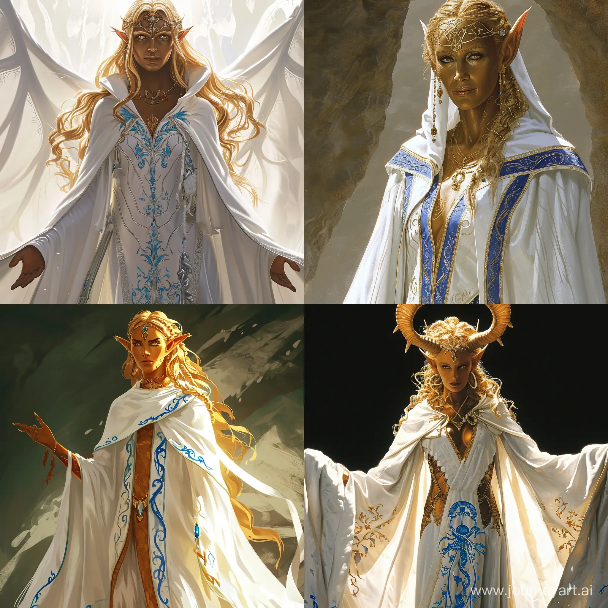 female high sun elf cleric with bronze skin golden eyes and golden blonde hair wearing flowing white robes embroidered with blue 