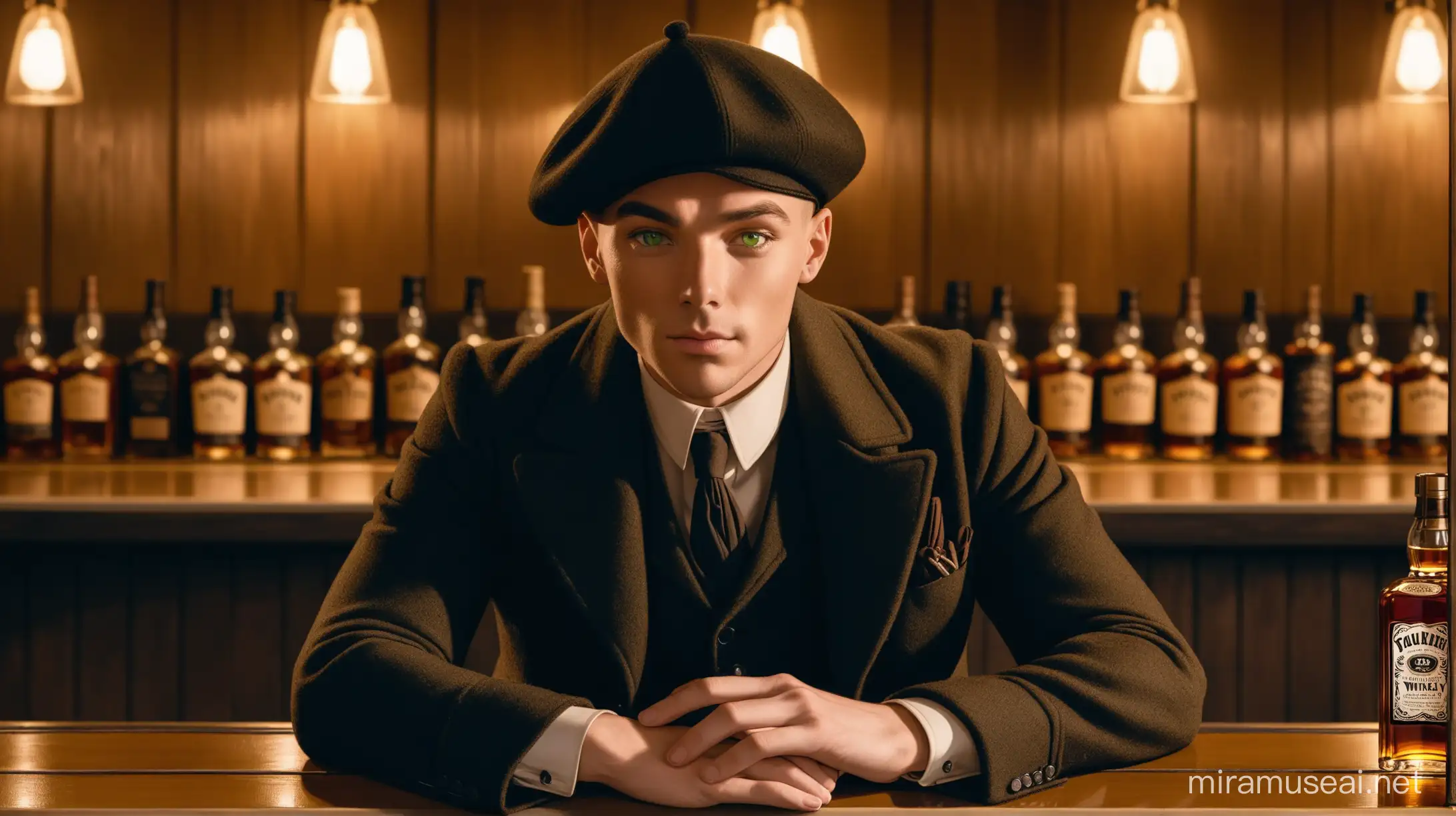 un hombre con ropa de Peaky Blinders, ojos verdes, con boina, sentado en un bar, con un vaso de whisky