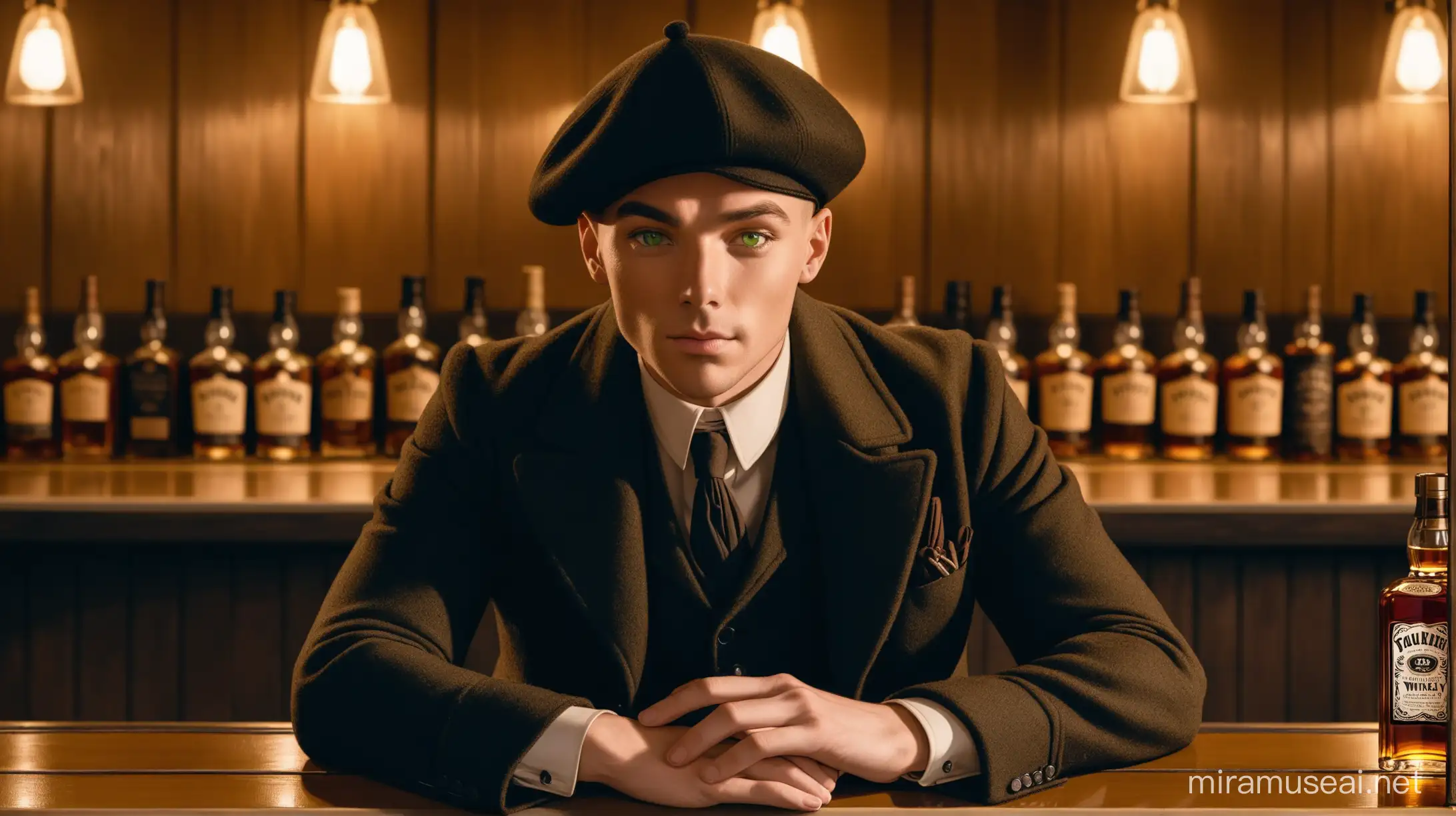 Stylish Man in Peaky Blinders Attire Enjoying Whisky at Bar