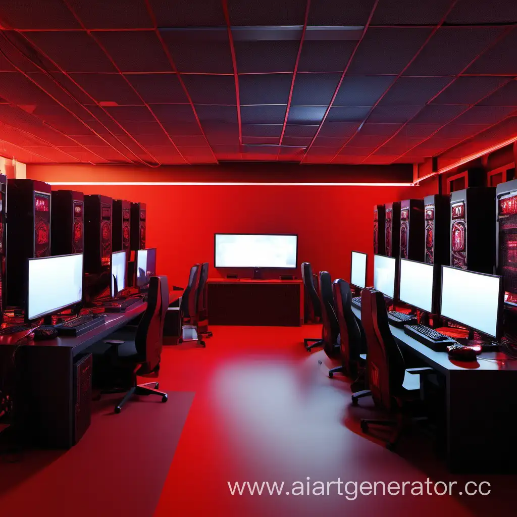крутой игровой компьютерный клуб, интерьер красно-серого цвета