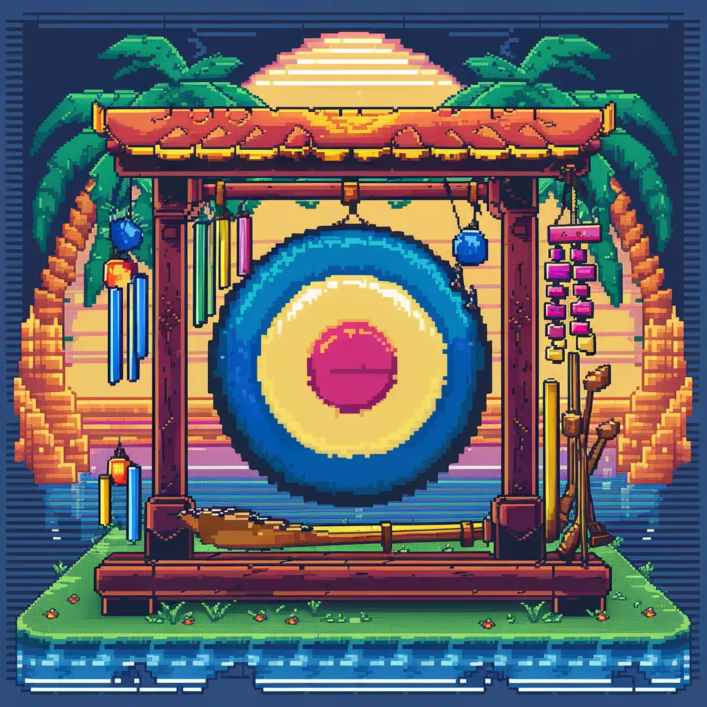  I'm looking for an image of a Balinese gong. I want the Balinese gong to be in a Gameboy pixelated style, similar to the graphics of old Gameboy games. colorful! Low resolution!