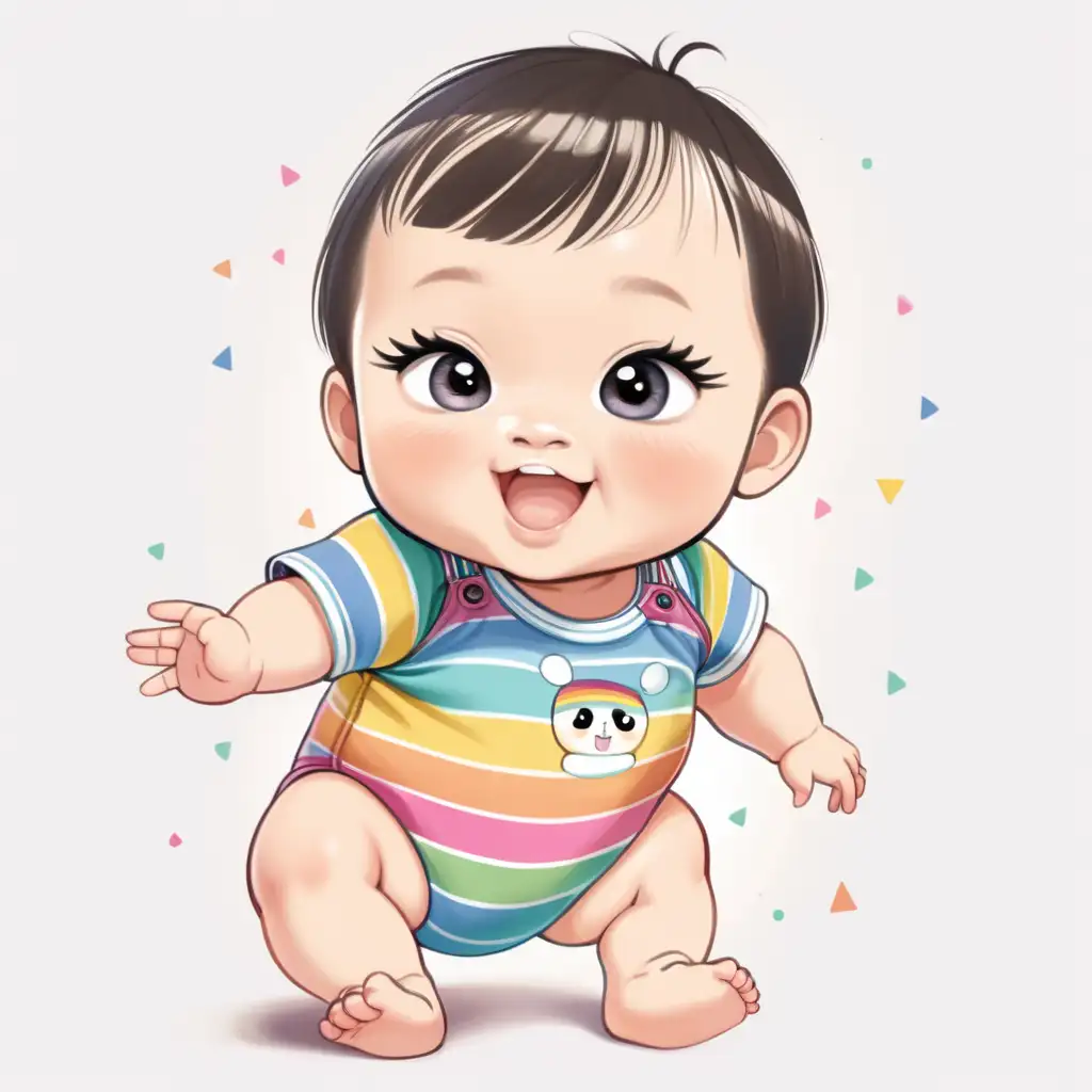 cute illustration of a chubby cute asian 5 month old baby girl with big eyes and long eye lashes, short hair, smiling with 2 bottom teeth showing, triangle bang, walking , wearing rainbow striped onesie, no background