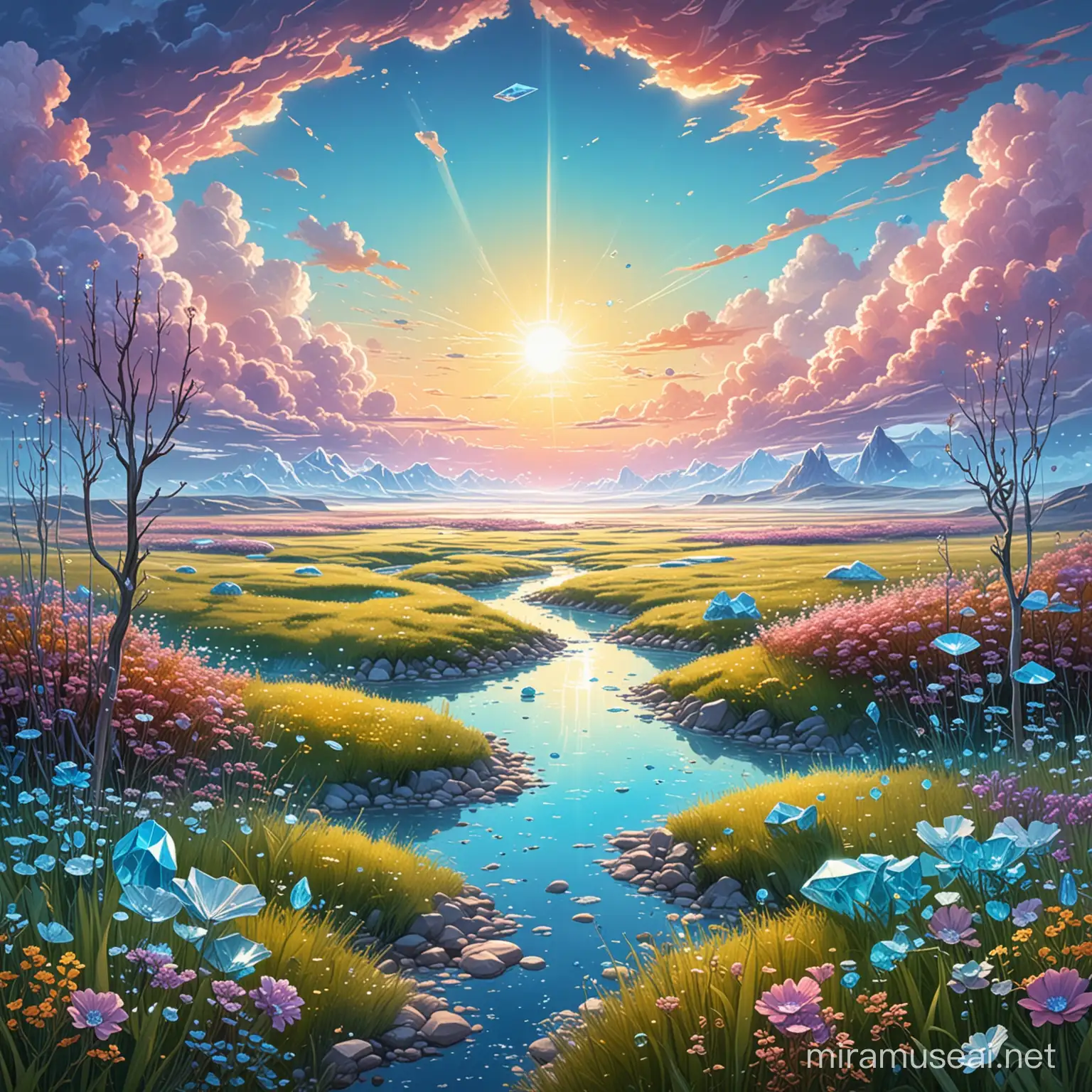 An illustration of a futuristic prairie in a world where trees and flowers and grass are made of diamonds, precious stones, crystals. Rivers contain freshwater instead of water, the sun is light blue in gradient. The clouds are made of colorful inkjet inks