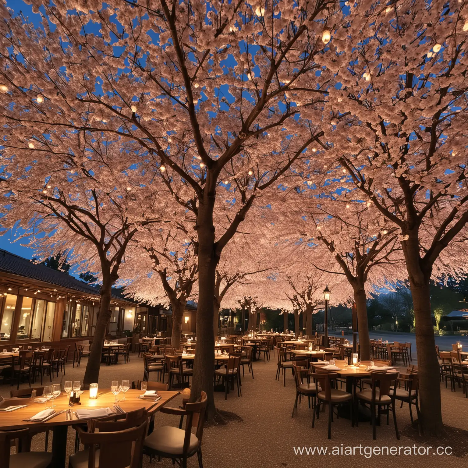ресторан окружен вишневыми деревьями, с красивым освещением вечером