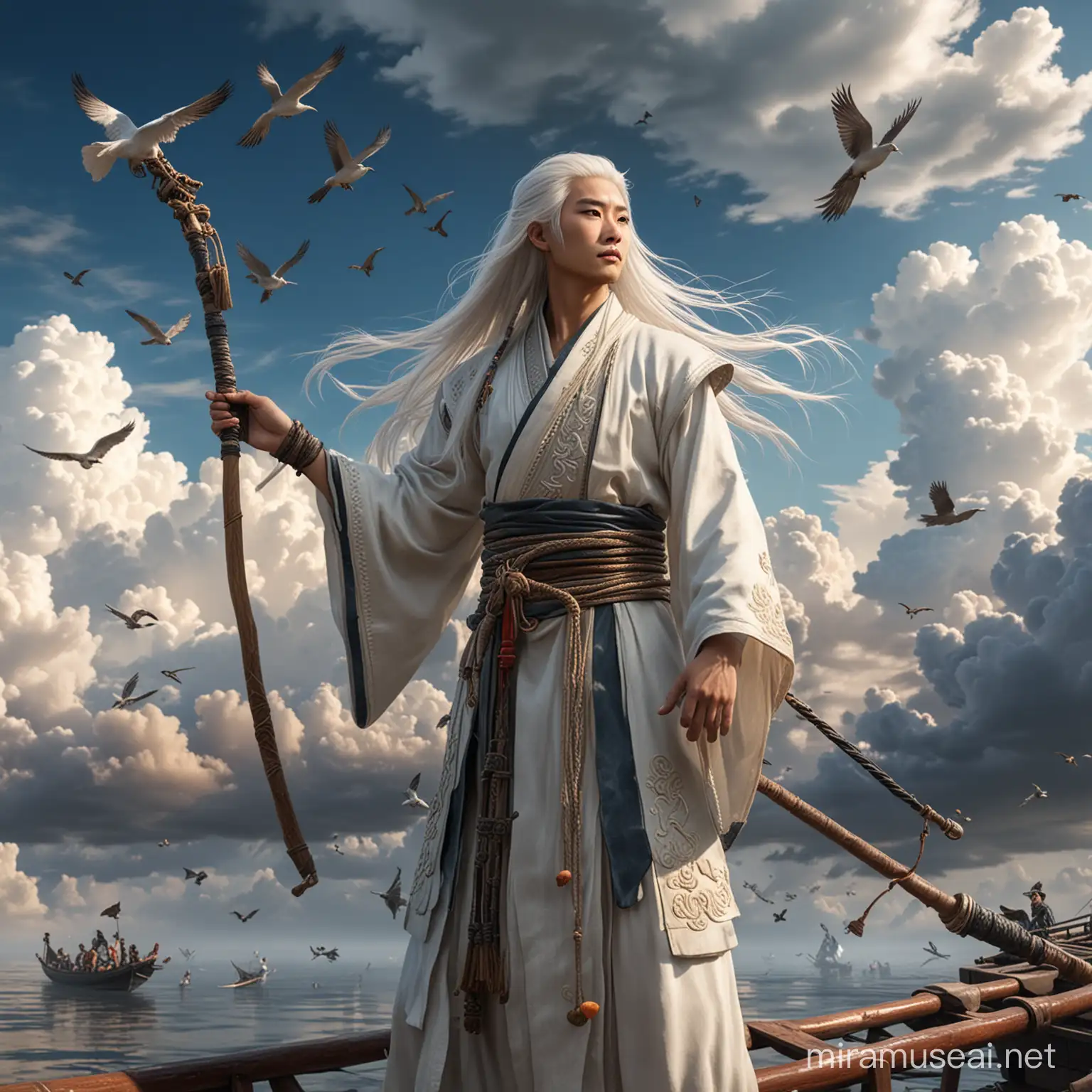 Chinese Warrior on Boat with Staff Against Sky and Birds