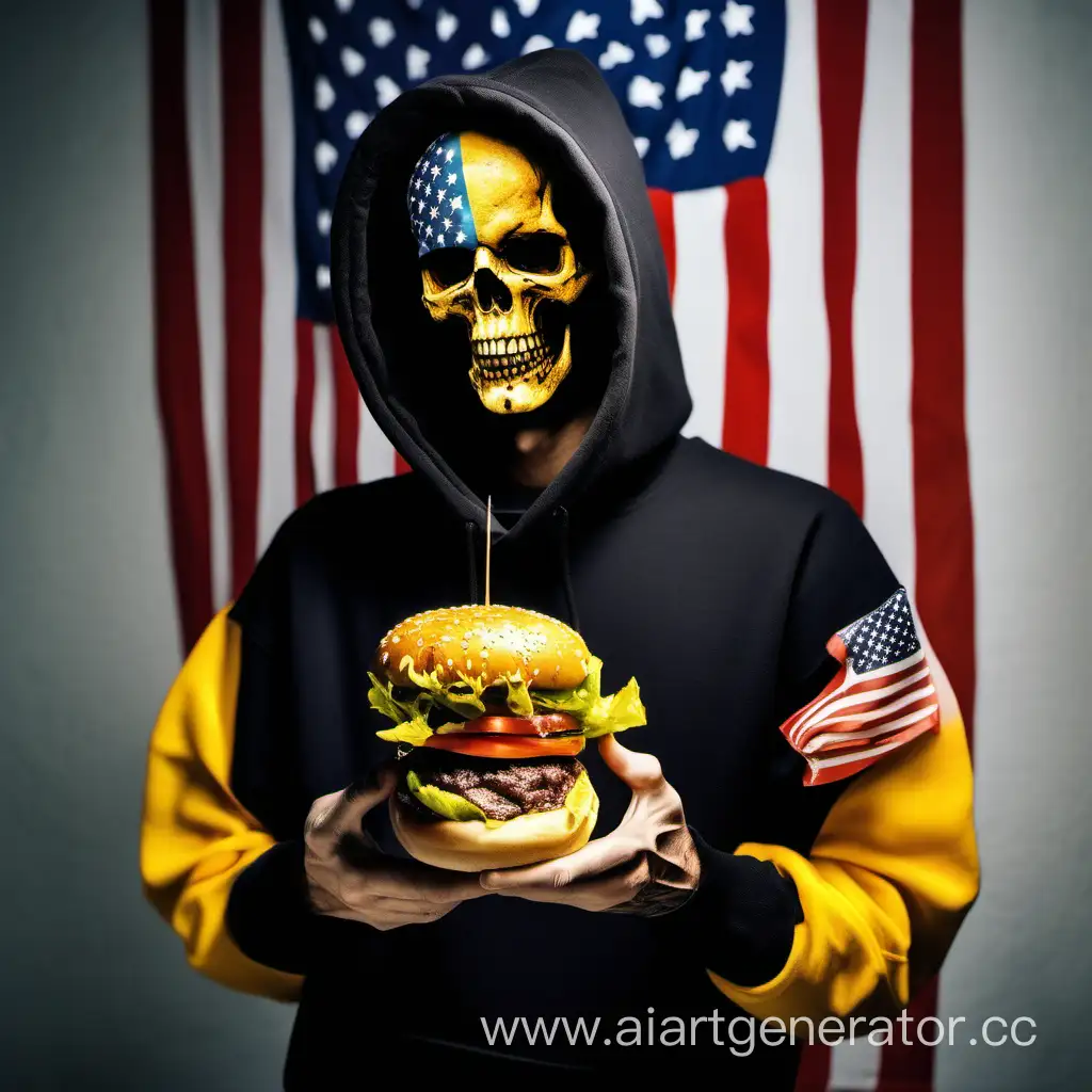 Человек в чёрной толстовке с жёлтыми рукавами. Протез вместо руки. Бургер с изображением черепа в руках. Реалистичное фото. На фоне флаг США 
