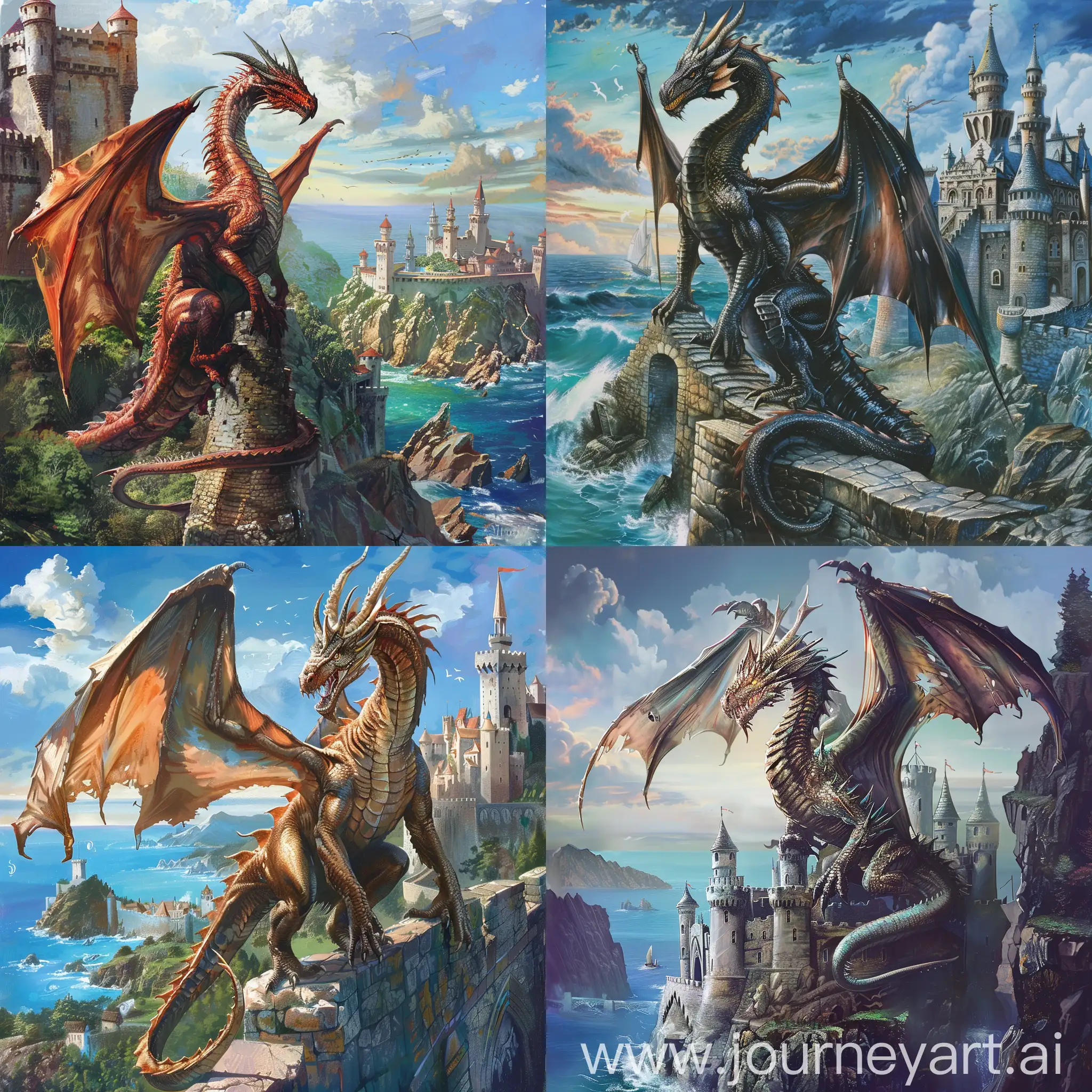 Mighty dragon on castle, sea background