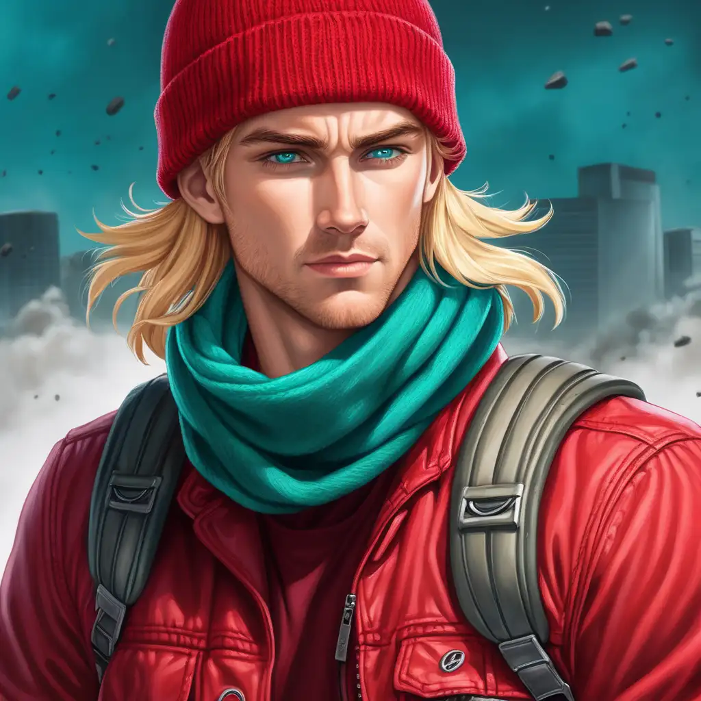 Hot guy in the apocalypse with blond hair in his 30s wearing all red, a red beanie, and a teal scarf