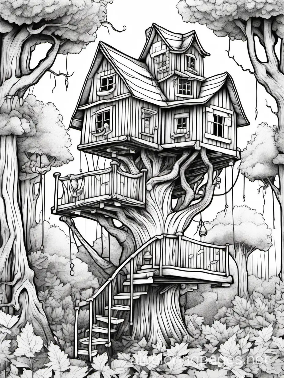 Compose a short story that intertwines the charm of an ancient, weathered treehouse with the whimsy of a marshmallow-filled landscape. Explore the mysteries and tales that have accumulated over the years within the aged walls of this unique treehouse, standing as a sweet and timeless beacon in the heart of the marshmallow forest, Coloring Page, black and white, line art, white background, Simplicity, Ample White Space. The background of the coloring page is plain white to make it easy for young children to color within the lines. The outlines of all the subjects are easy to distinguish, making it simple for kids to color without too much difficulty