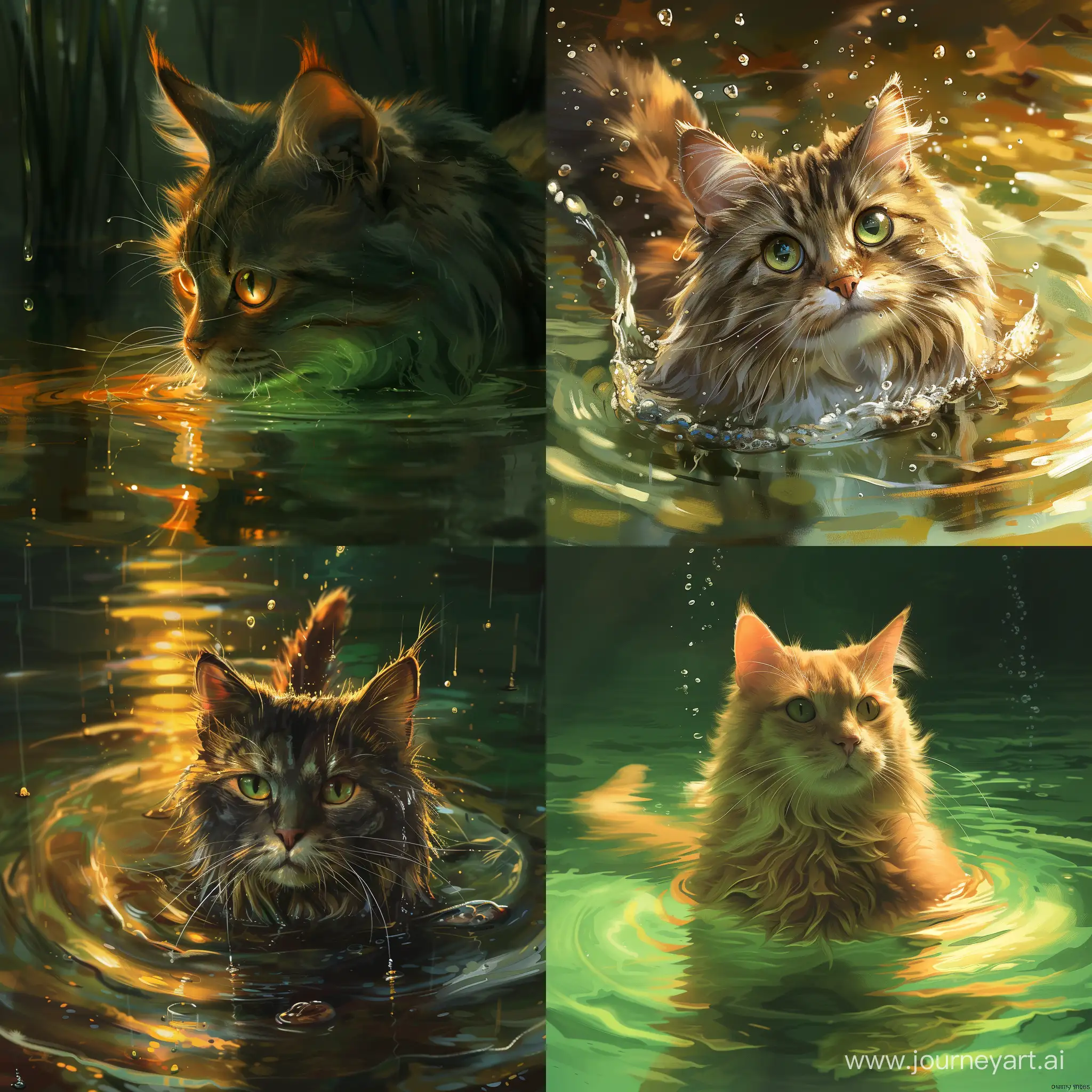 Realistic-Detailed-Rendering-of-a-Cat-Swimming-in-Green-and-Amber-Waters