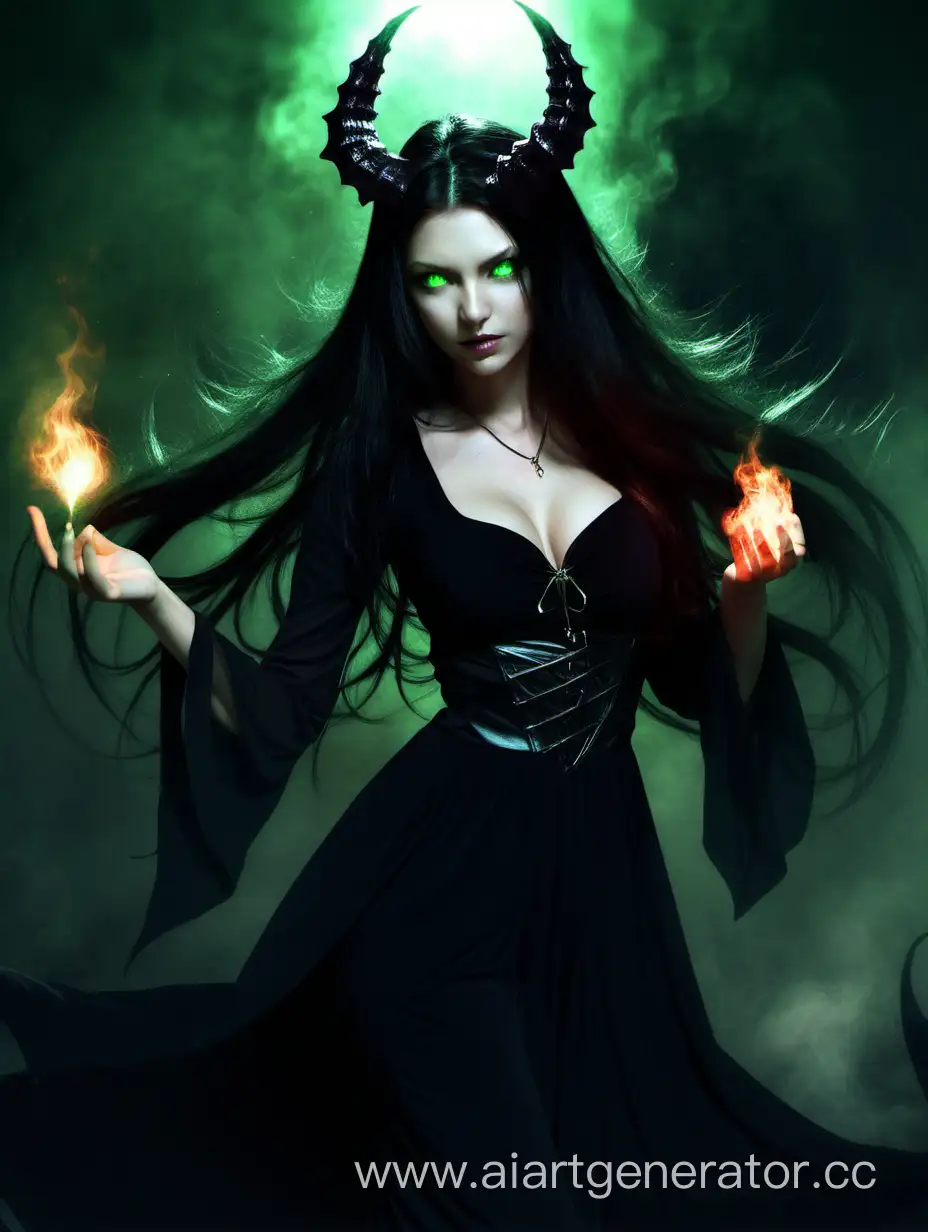 Girl, dark long hair, green eyes, black dress, magic, witch, demoness