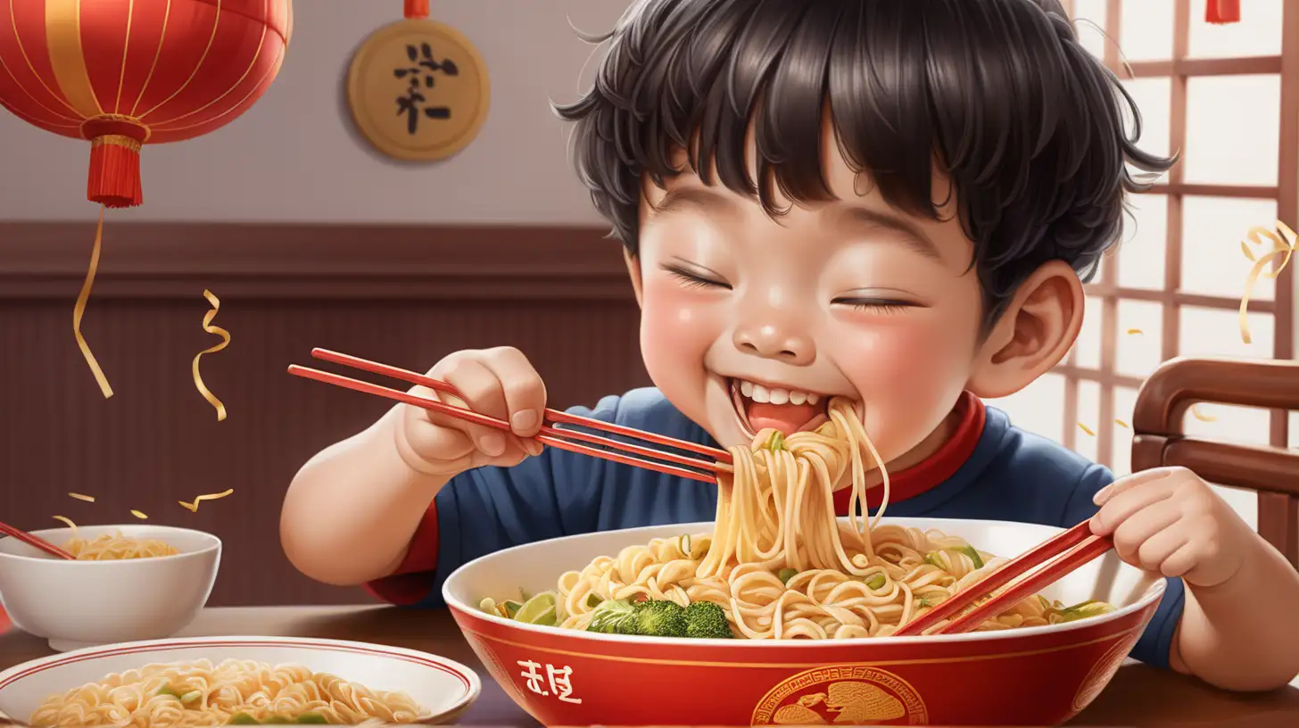  A close-up shot of a child eating noodles happily and enjoyable, and laughing at the same time. And there are noodles and other delicious Chinese food on the table. The child is a boy, and he is a contemporary person who looks cute and full of love. Besides, there are lots of Chinese New Year decorations in the room and the hue of the picture is warm and the primary colors of the picture are orange, yellow, and red. 