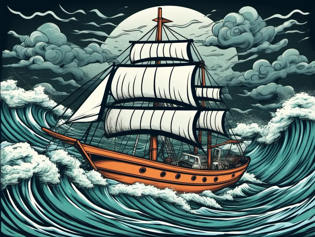 cartoon Sailboat going through rocky seas, bad weather, high waters, more waves, pop punk style