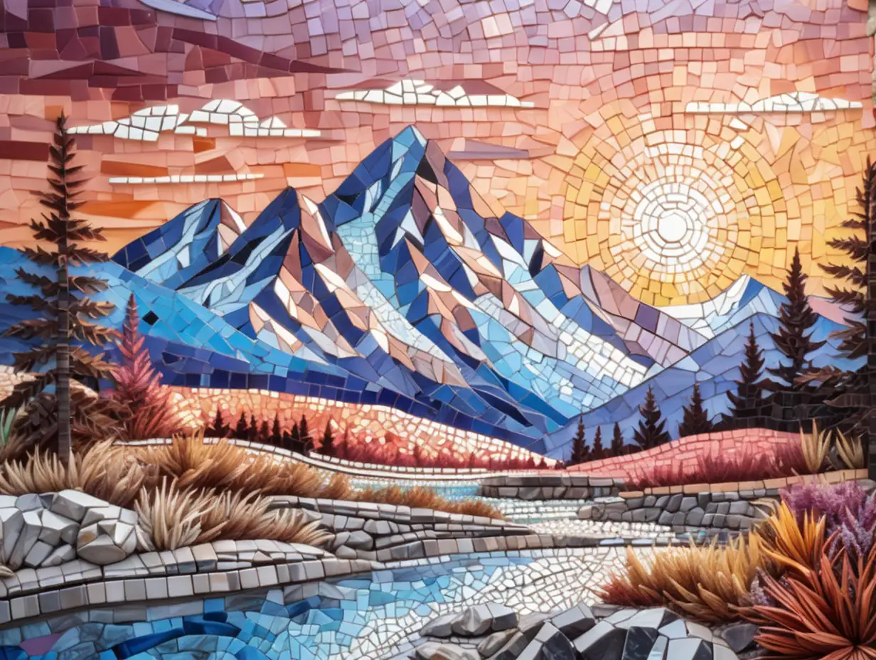 Craft a dynamic mosaic featuring a vibrant illustrated mountain landscape during a colorful sunset, emphasizing the energetic hues of the sky.