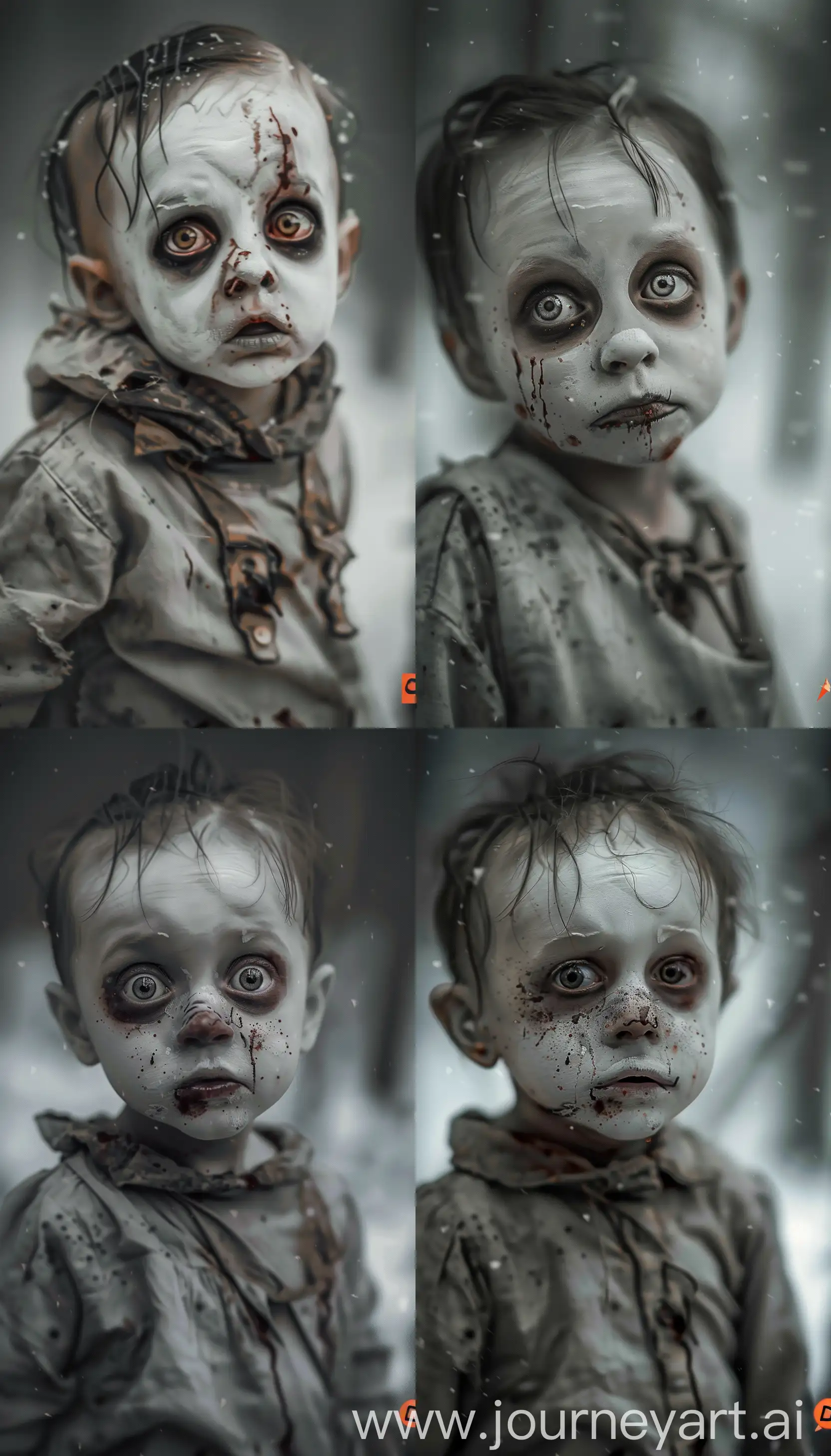 https://pics.craiyon.com/2023-06-29/109bcc225c6f49f2a86176467daf6b3d.webp a full shot of a creepy child with skymos old clothes dirt with blood, snowing forest, white face, --weird 0 --ar 4:7