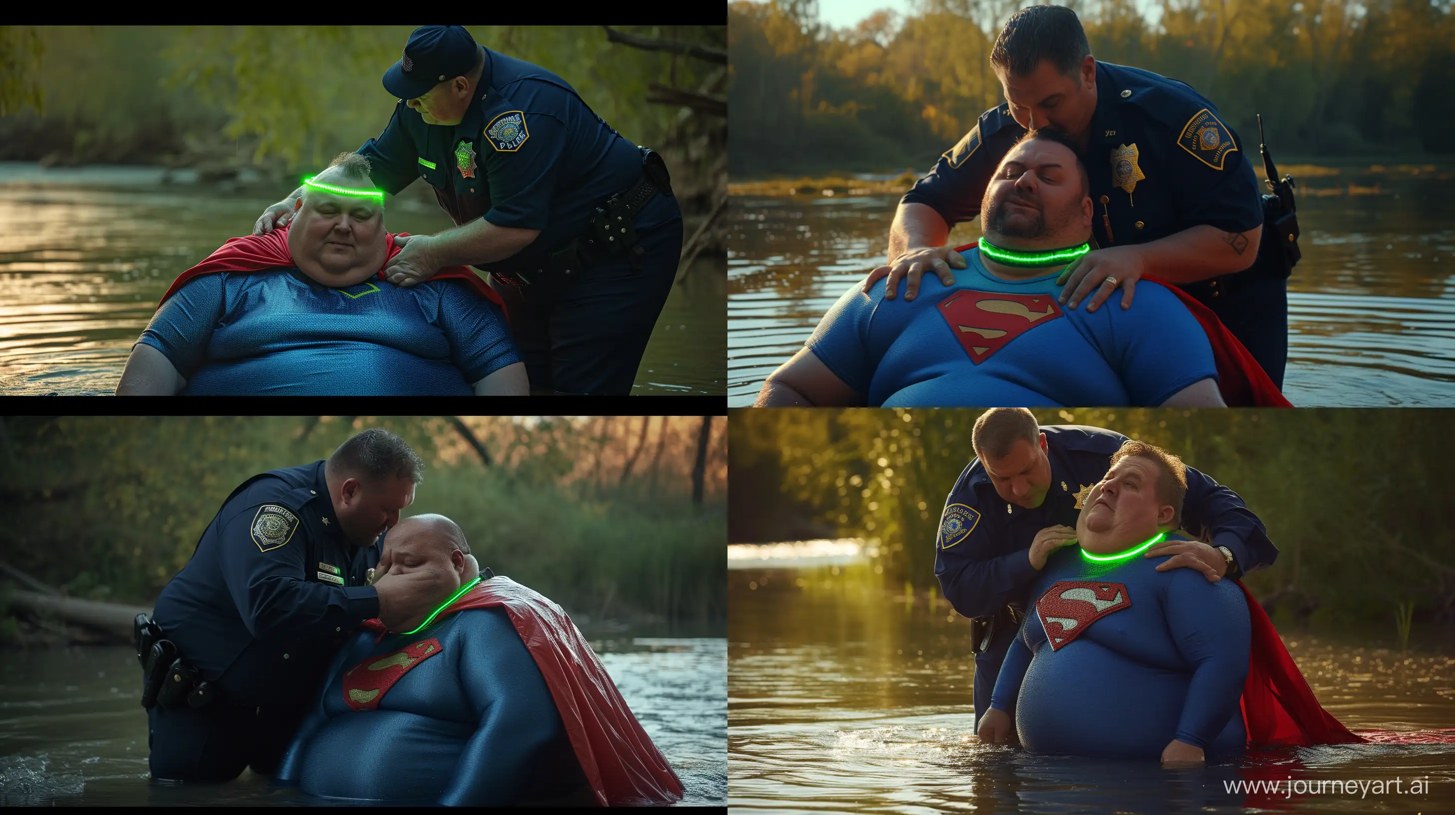Close-up photo of a fat man aged 60 wearing a navy police uniform. Bending behind and tightening a tight green glowing neon dog collar on the nape of a fat man aged 60 wearing a tight blue 1978 smooth superman costume with a red cape sitting in the water. Natural Light. River. --style raw --ar 16:9