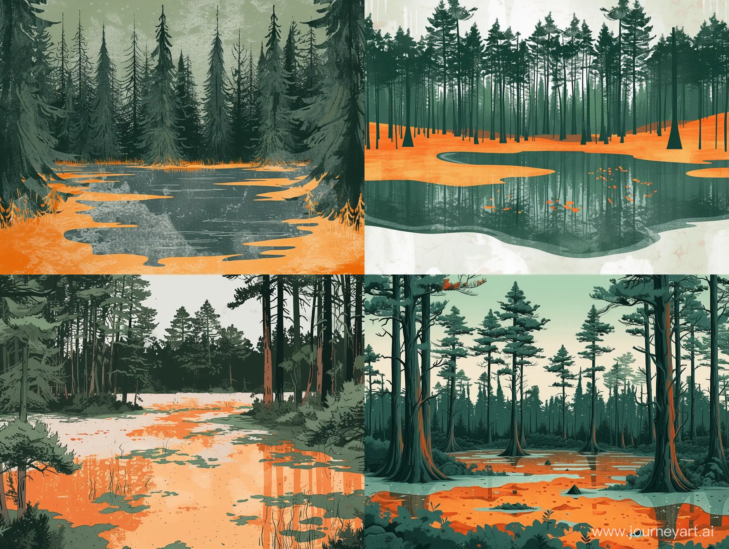 Pine forest in a swamp in the style of an old illustration in salt, dark green and orange shades