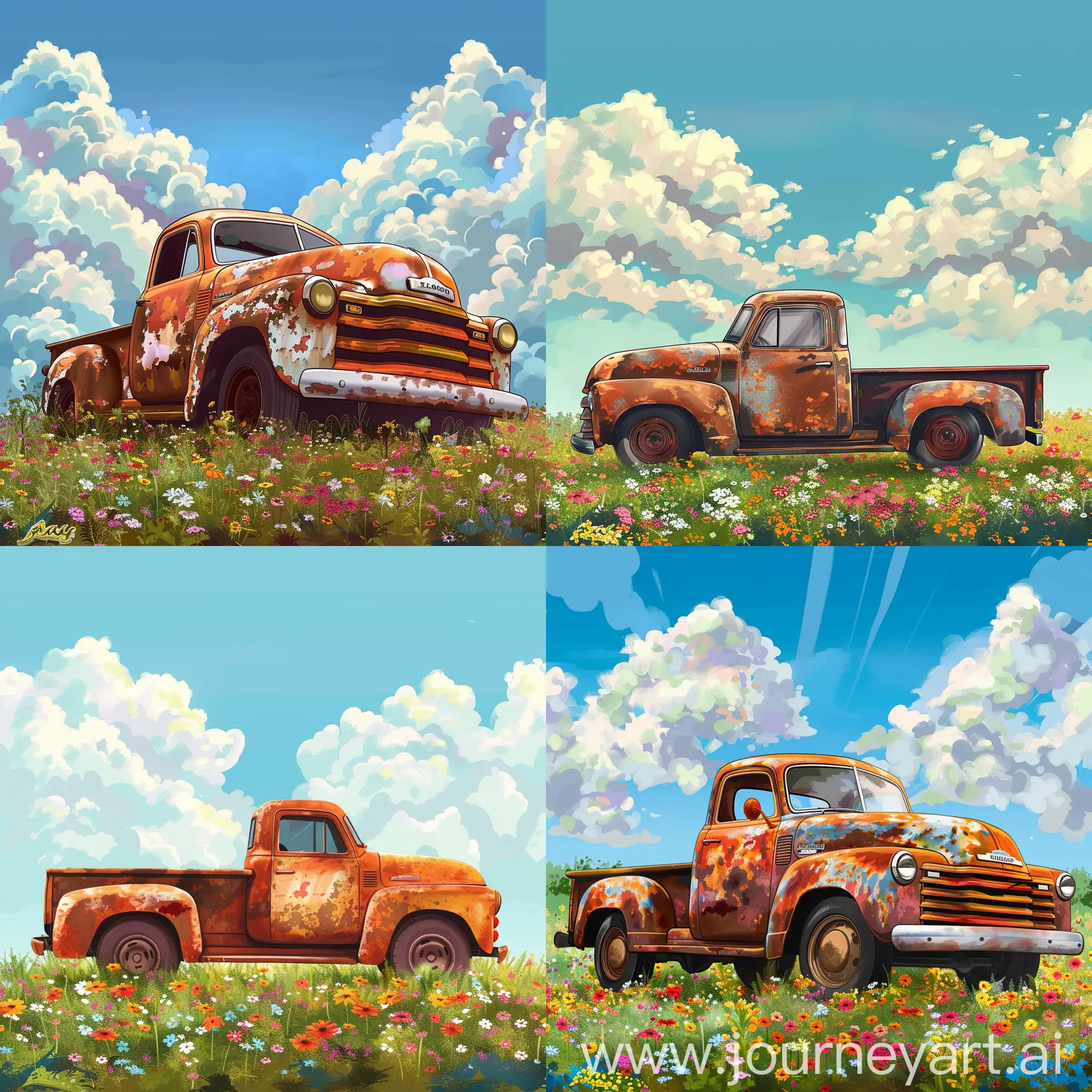 Vintage-Pickup-Truck-Surrounded-by-Flower-Field-Under-Sunny-Sky